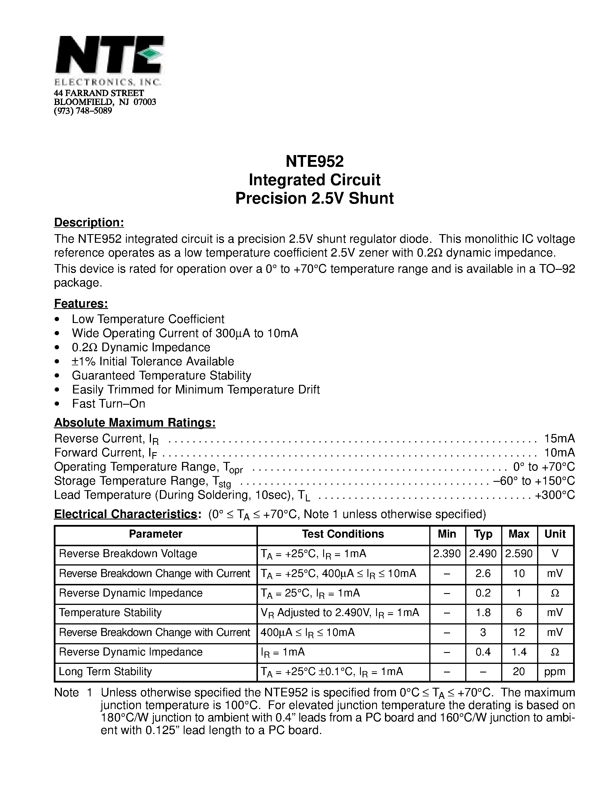Datasheet NTE952 - Integrated Circuit Precision 2.5V Shunt page 1