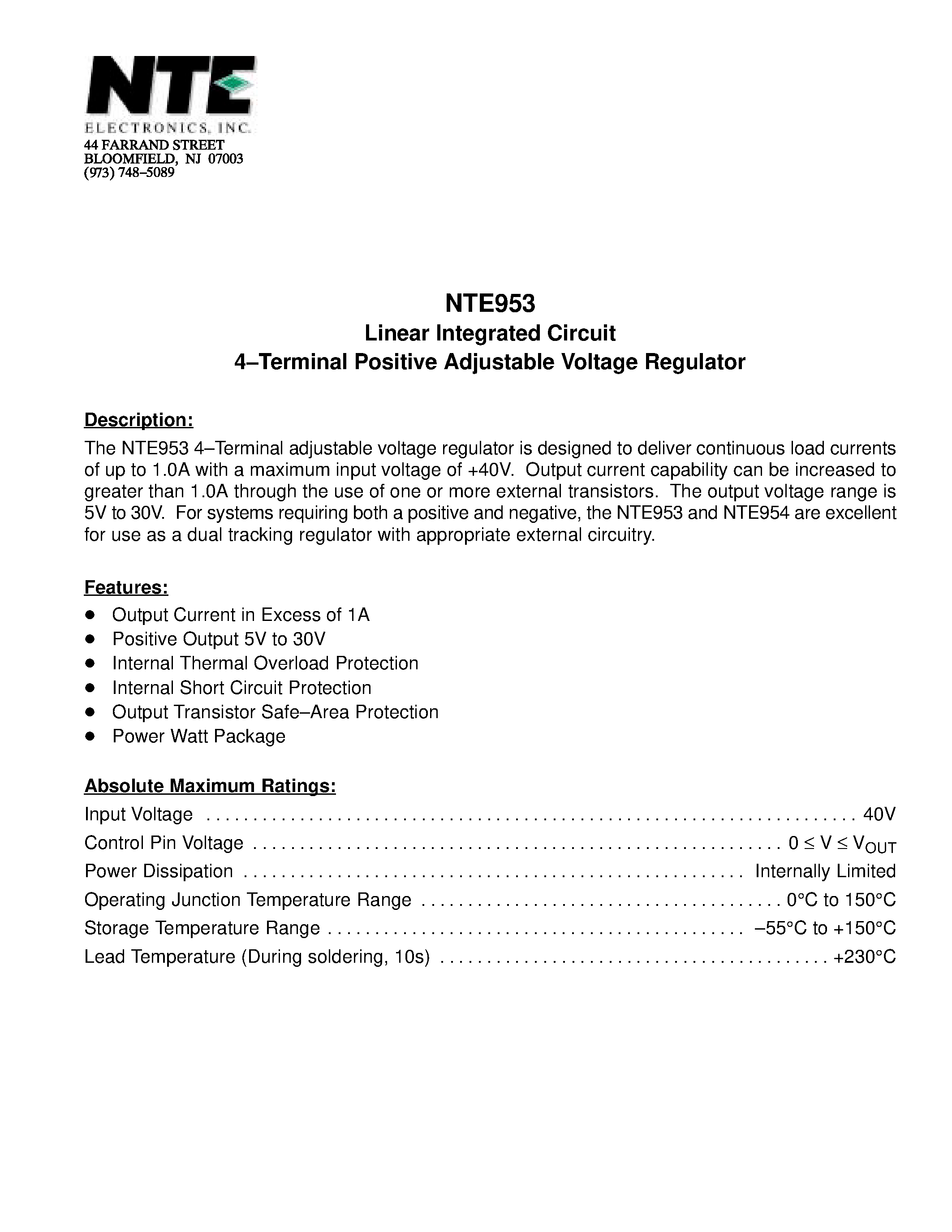 Datasheet NTE953 - Linear Integrated Circuit 4-Terminal Positive Adjustable Voltage Regulator page 1