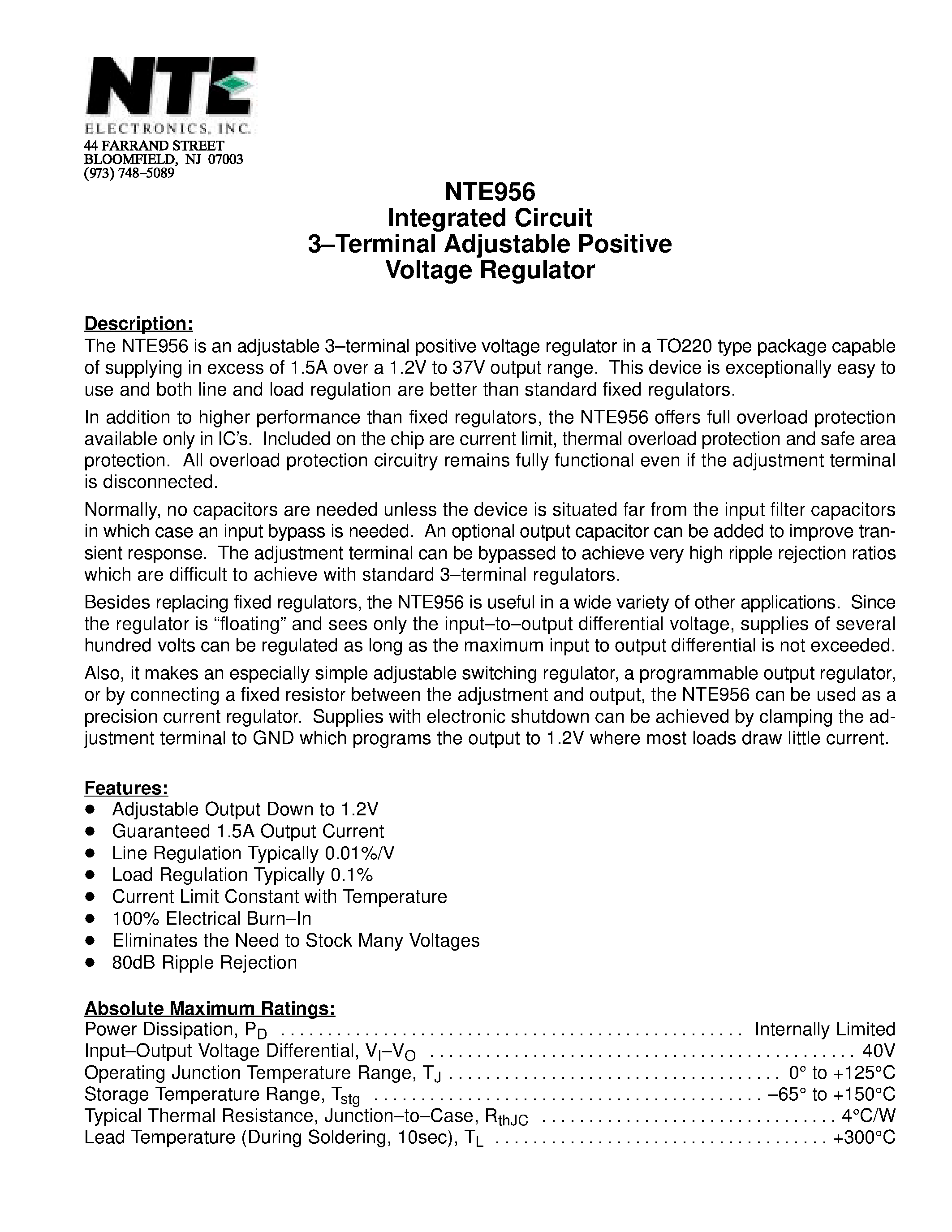 Datasheet NTE956 page 1 Datasheet NTE956 - Integrated Circuit 3-Terminal Adjustable Positive Voltage Regulator page 1