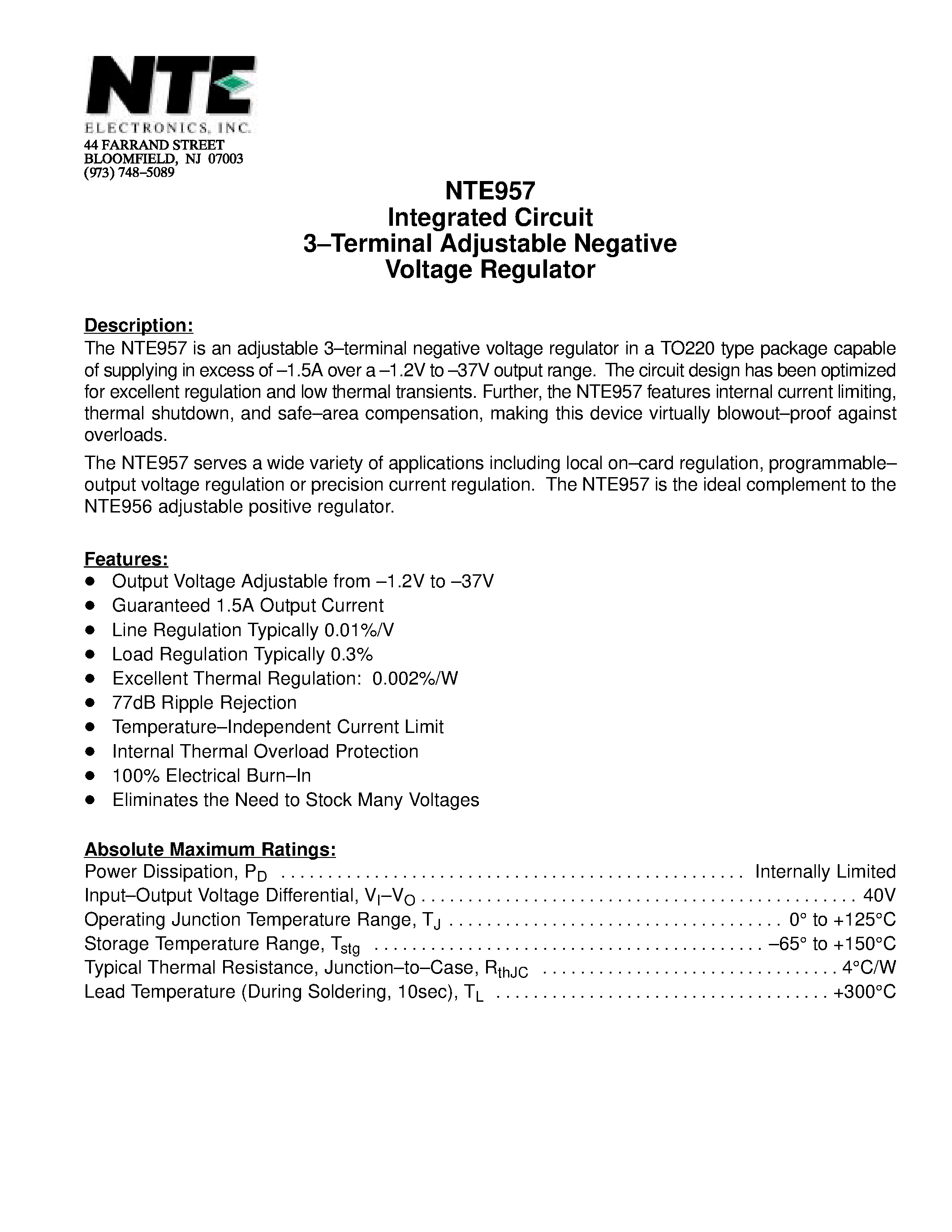 Datasheet NTE957 page 1 Datasheet NTE957 - Integrated Circuit 3-Terminal Adjustable Negative Voltage Regulator page 1