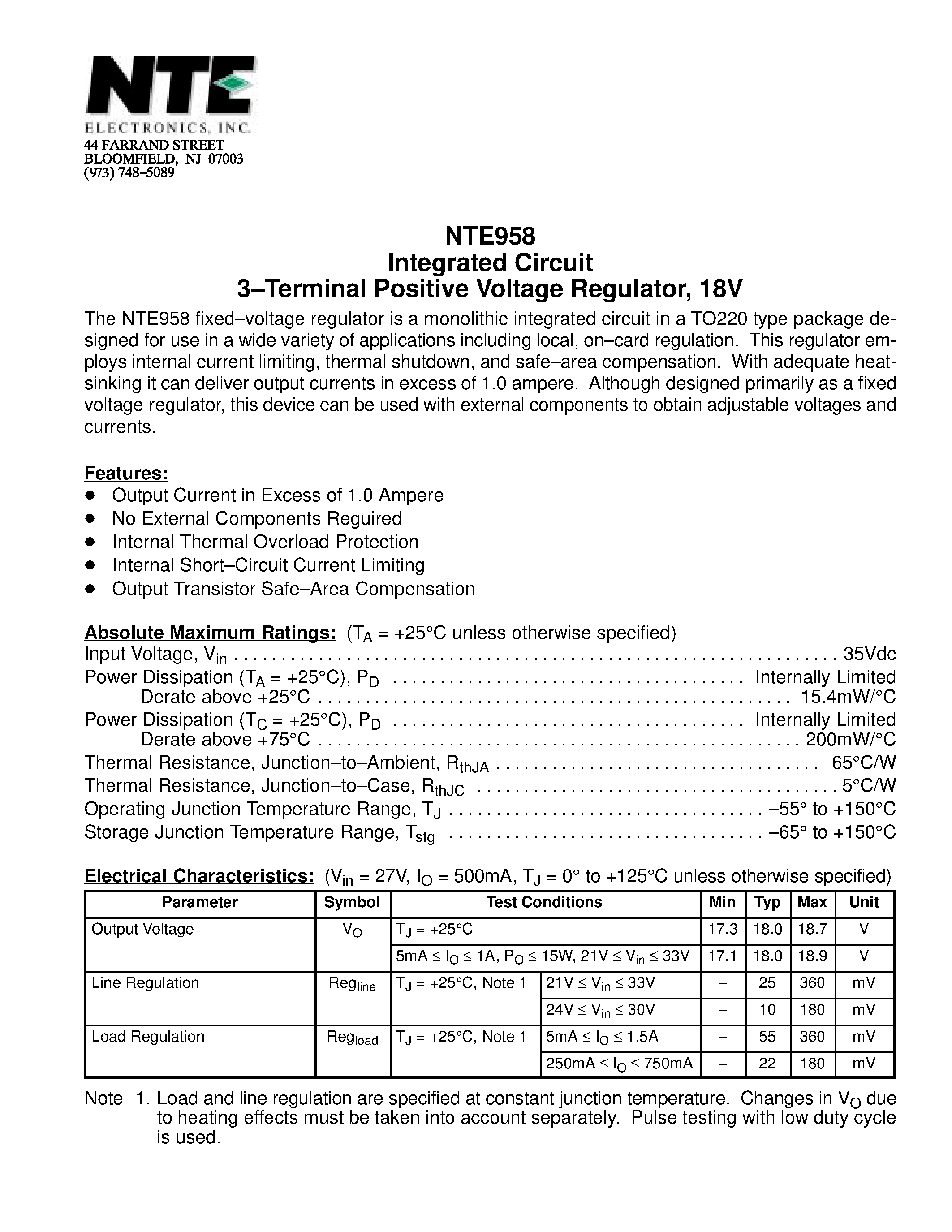 Datasheet NTE958 page 1 Datasheet NTE958 - Integrated Circuit 3-Terminal Positive Voltage Regulator / 18V page 1