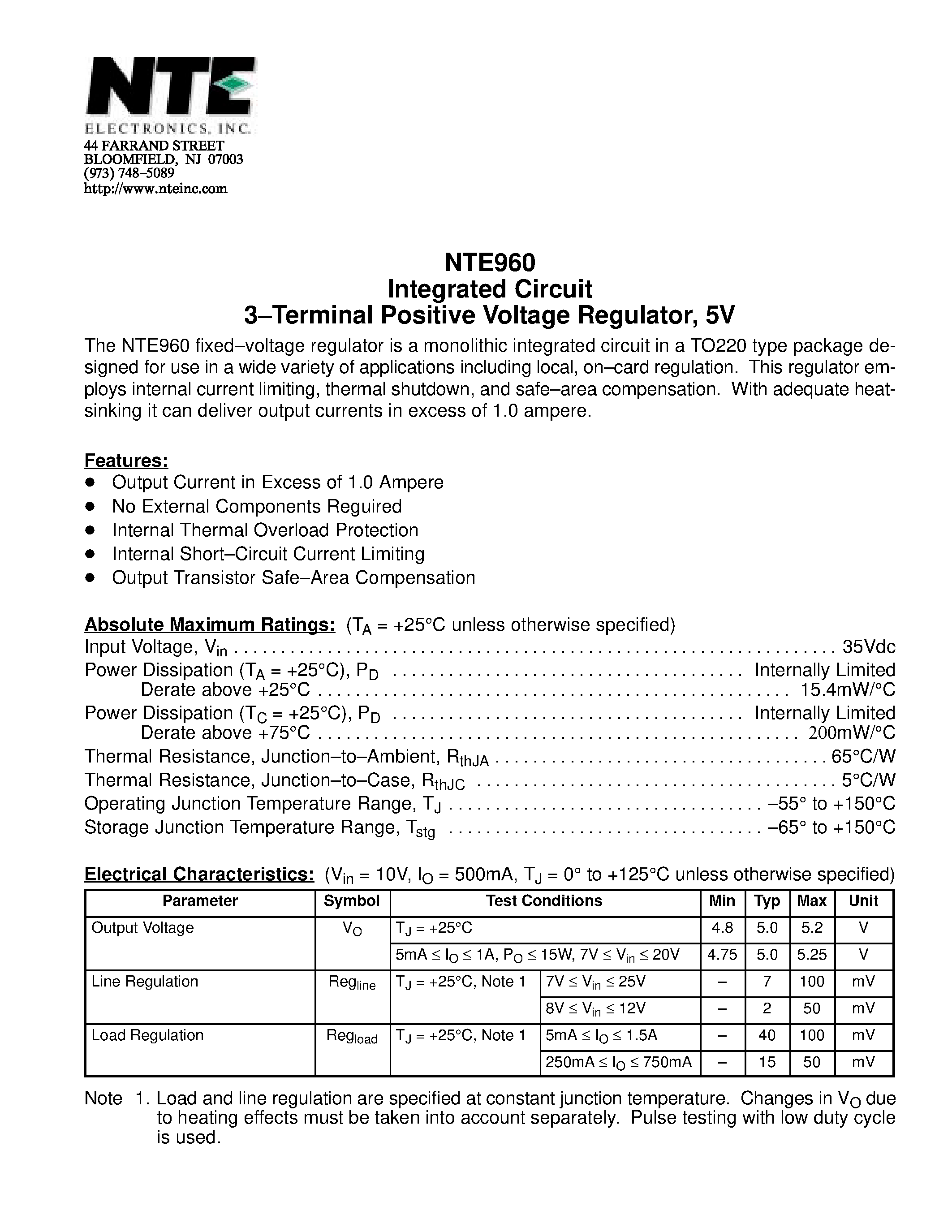 Datasheet NTE960 - Integrated Circuit 3-Terminal Positive Voltage Regulator / 5V page 1