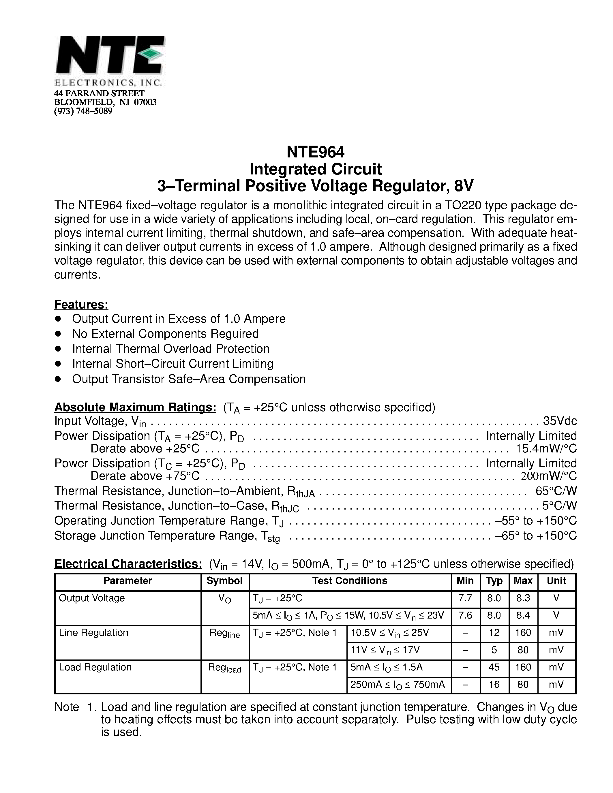 Datasheet NTE964 page 1 Datasheet NTE964 - Integrated Circuit 3-Terminal Positive Voltage Regulator / 8V page 1