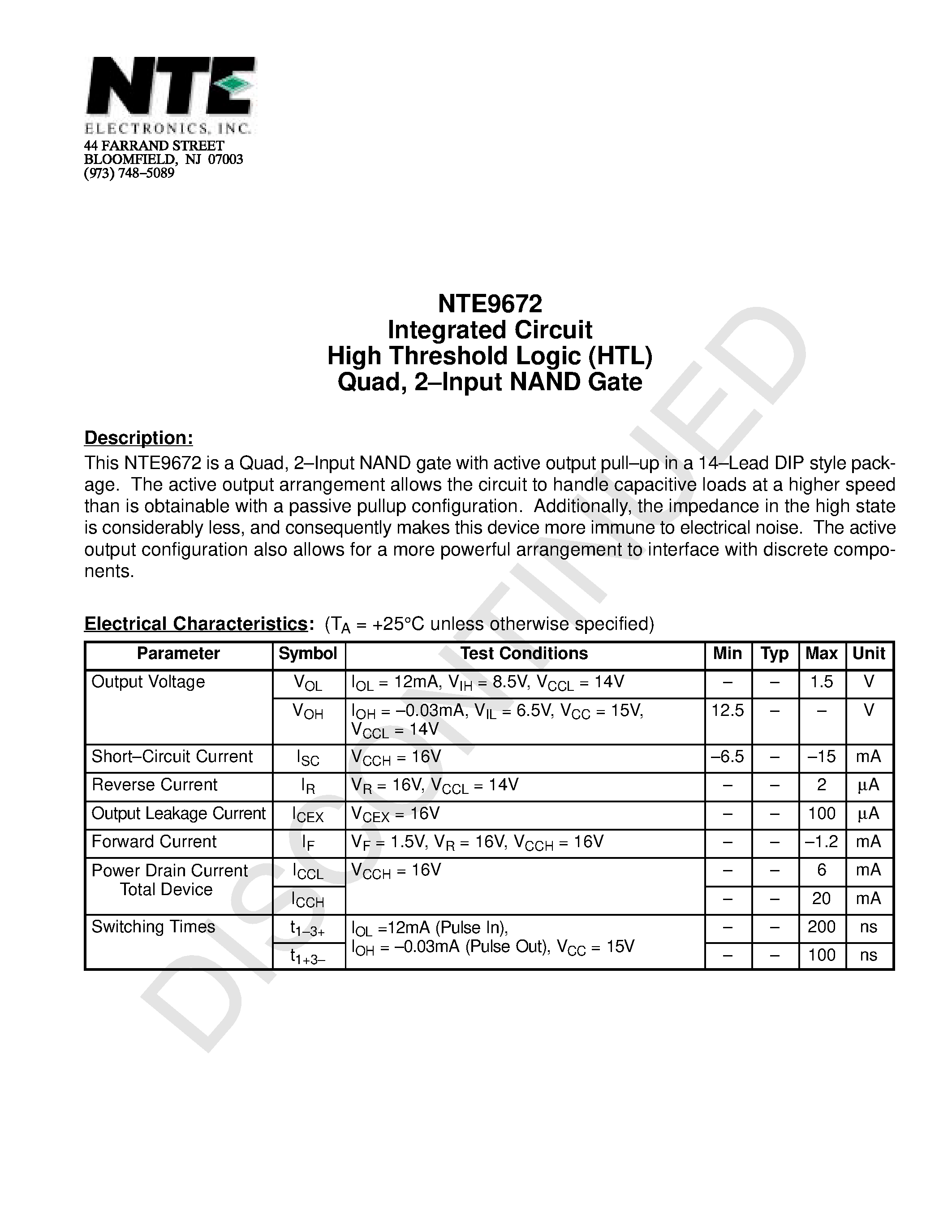 Datasheet NTE9672 - Integrated Circuit High Threshold Logic (HTL) Quad / 2-Input NAND Gate page 1