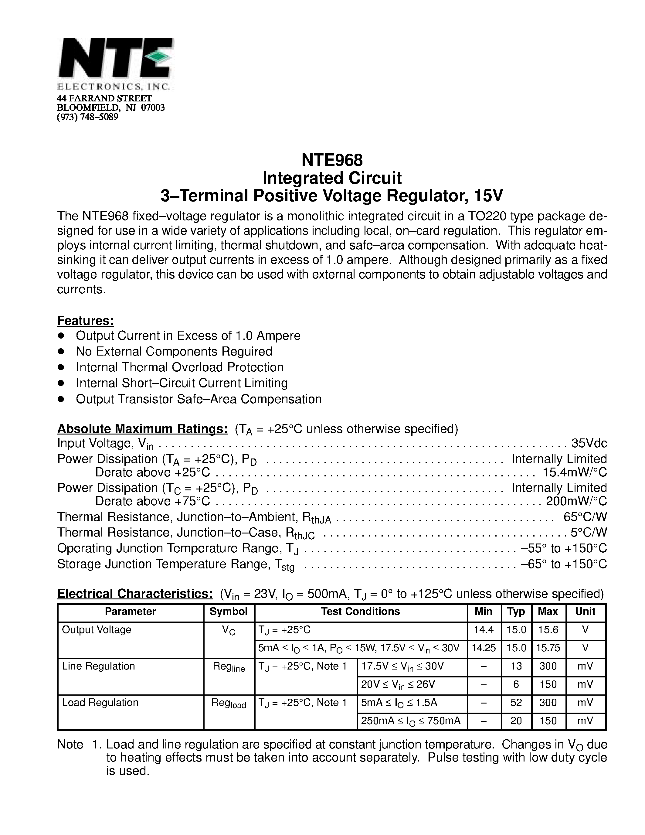 Datasheet NTE968 - Integrated Circuit 3-Terminal Positive Voltage Regulator / 15V page 1