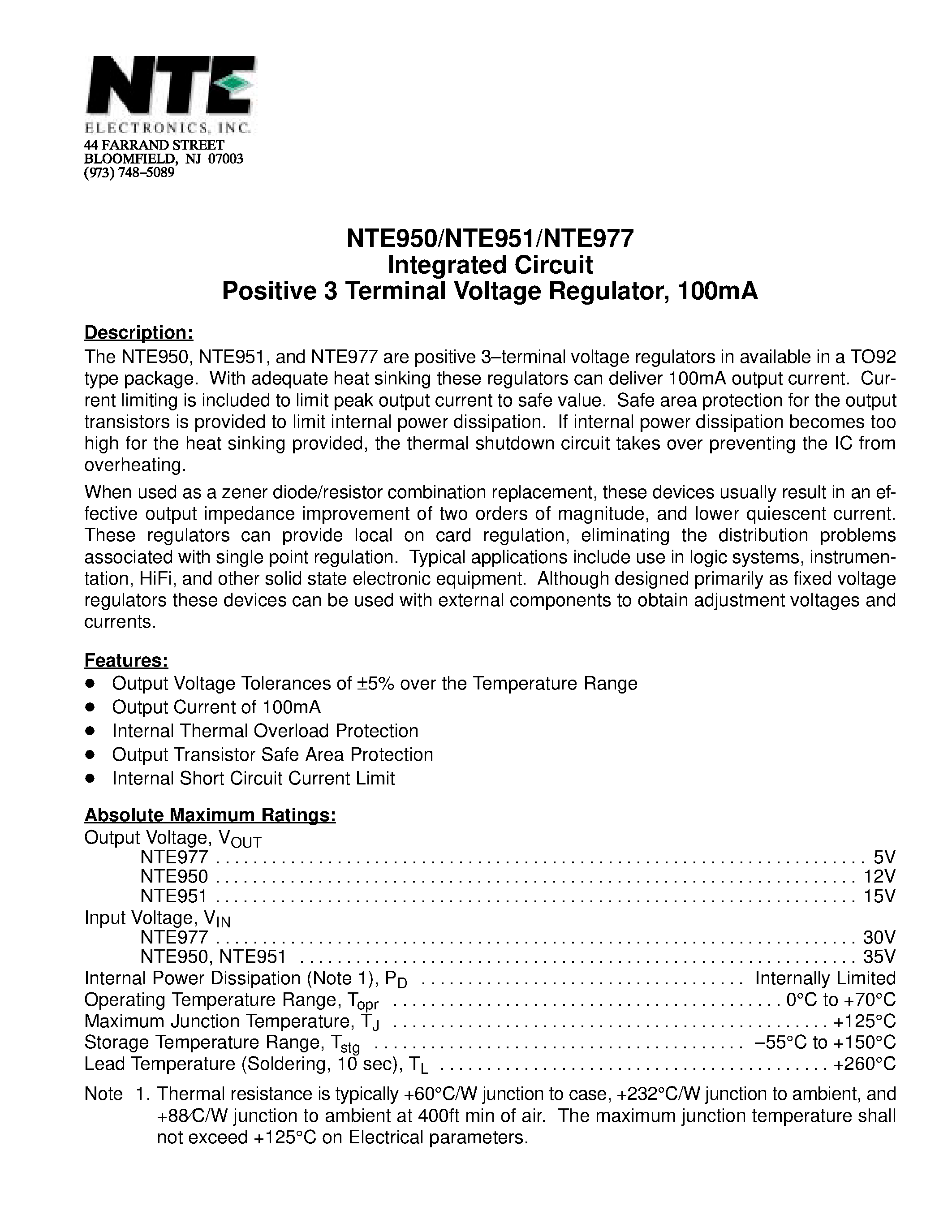 Datasheet NTE977 page 1 Datasheet NTE977 - Integrated Circuit Positive 3 Terminal Voltage Regulator / 100mA page 1