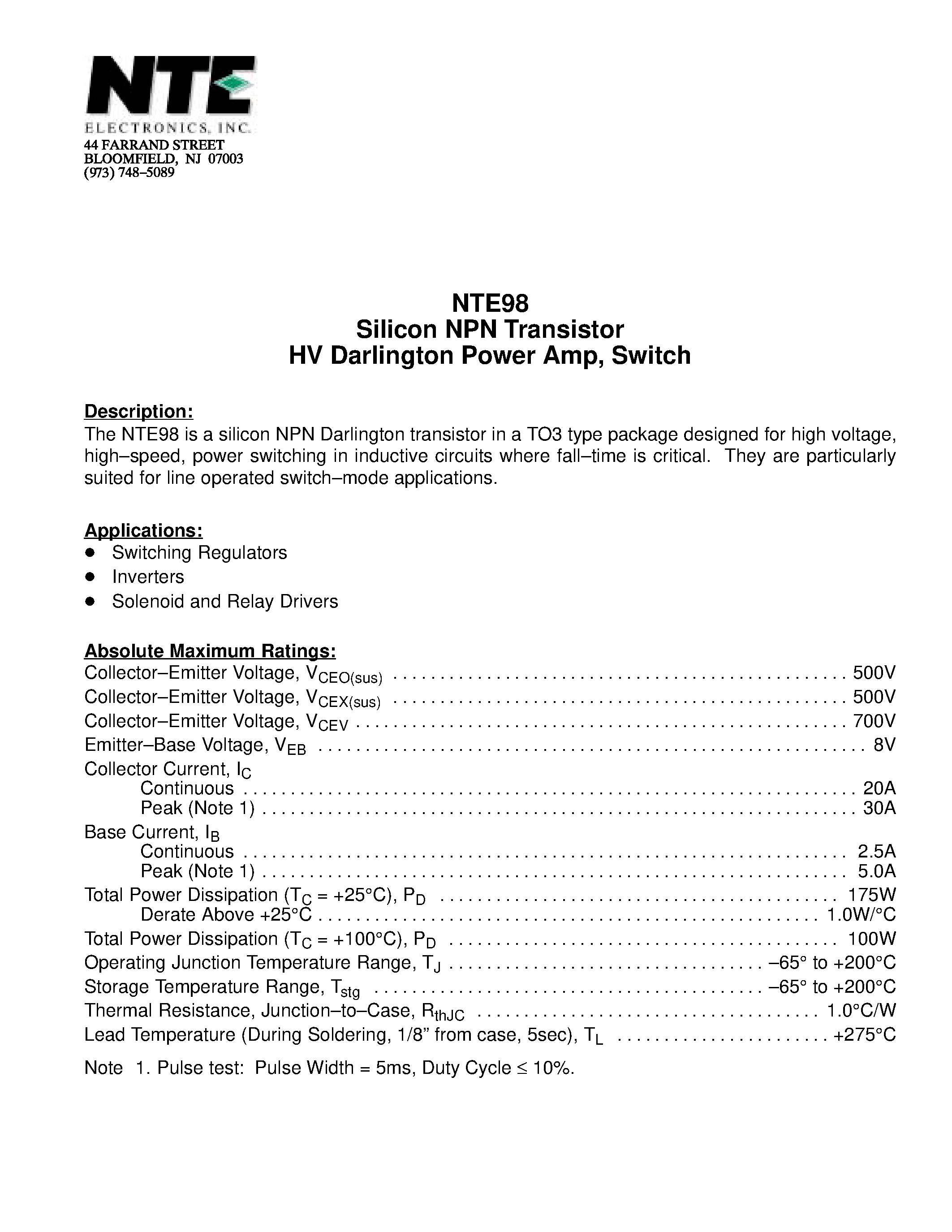 Datasheet NTE98 page 1 Datasheet NTE98 - Silicon NPN Transistor HV Darlington Power Amp / Switch page 1
