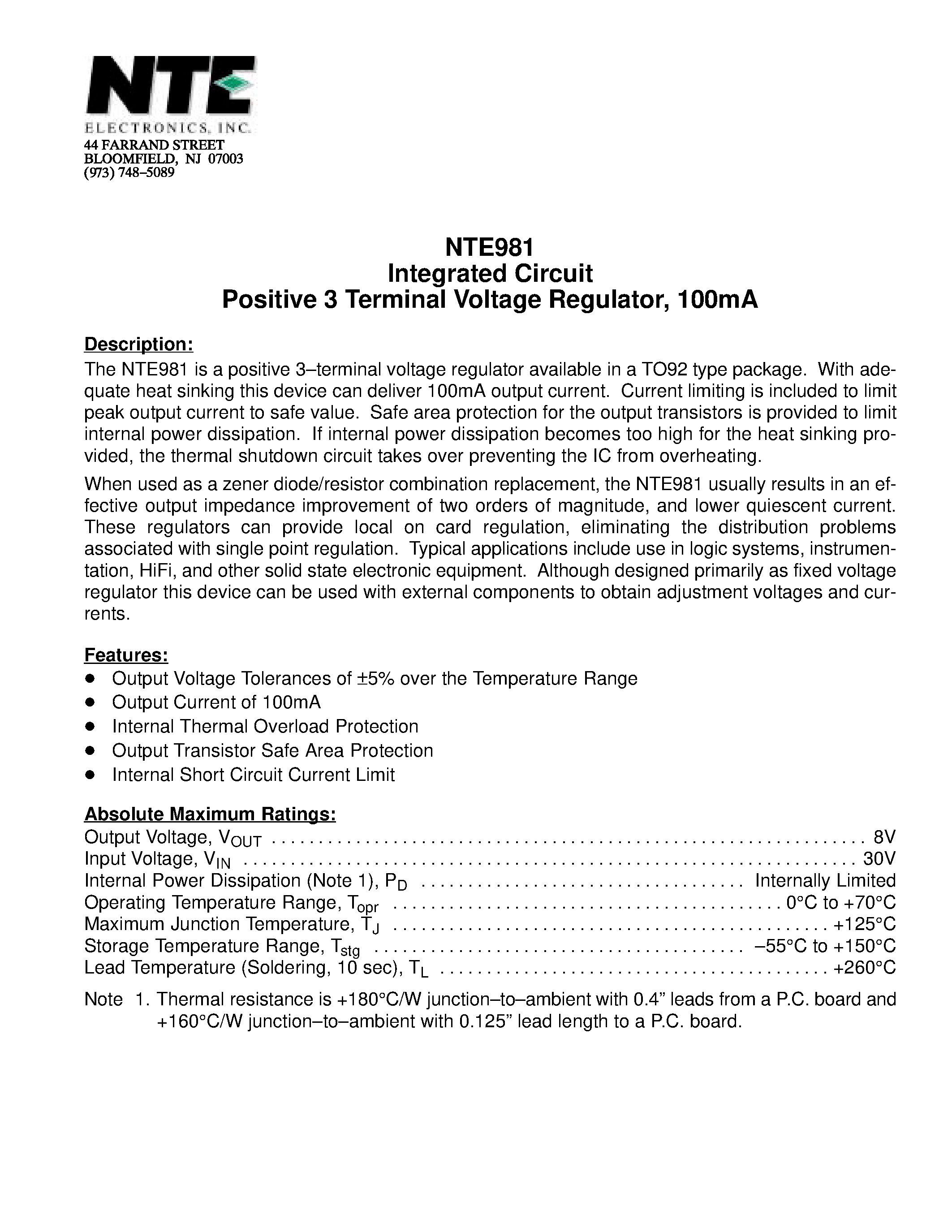 Datasheet NTE981 page 1 Datasheet NTE981 - Integrated Circuit Positive 3 Terminal Voltage Regulator / 100mA page 1