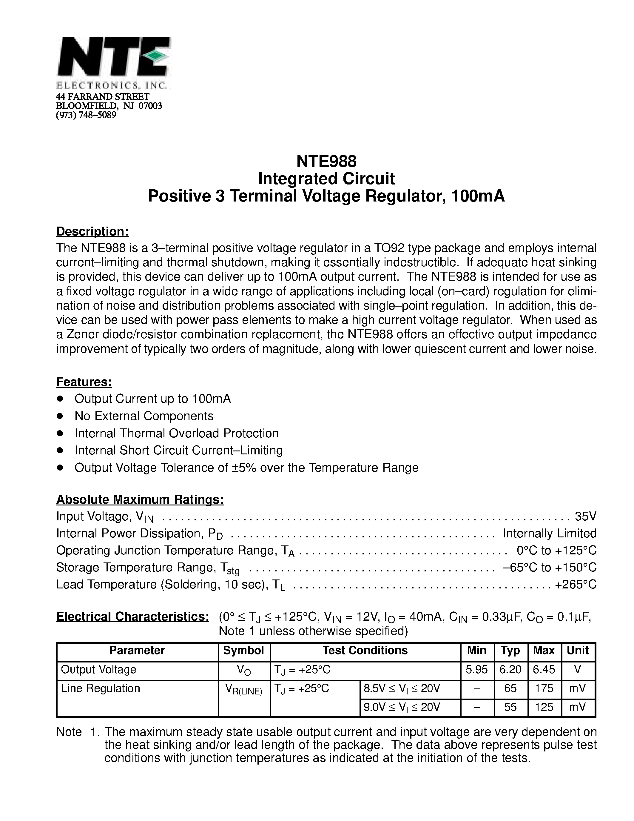 Datasheet NTE988 page 1 Datasheet NTE988 - Integrated Circuit Positive 3 Terminal Voltage Regulator / 100mA page 1