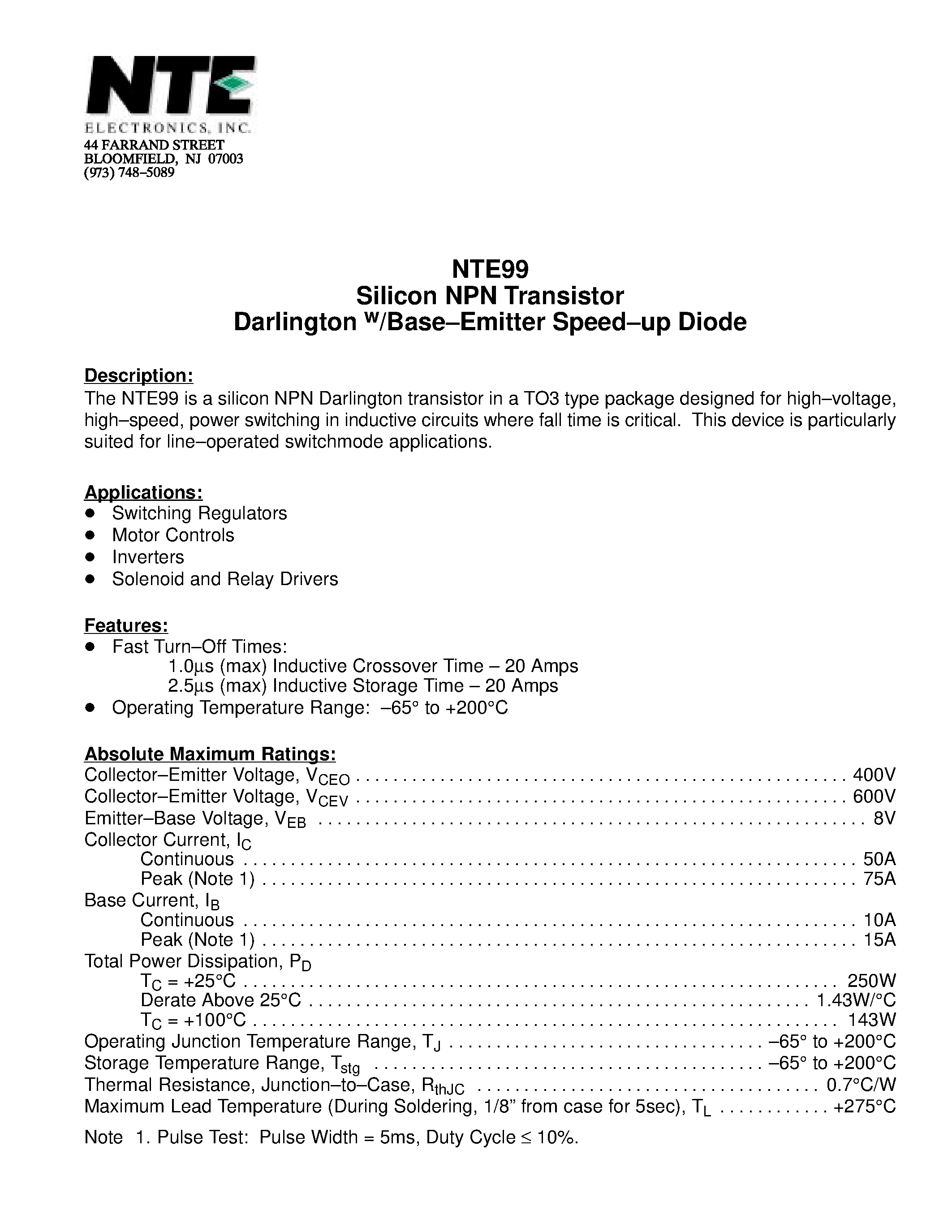 Даташит NTE99 - Silicon NPN Transistor Darlington w/Base-Emitter Speed-up Diode страница 1