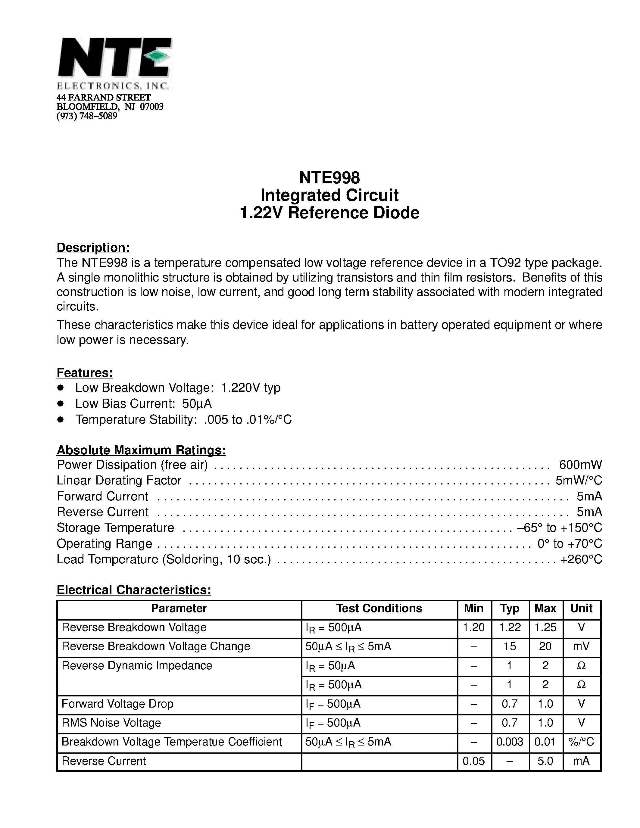 Datasheet NTE998 - Integrated Circuit 1.22V Reference Diode page 1