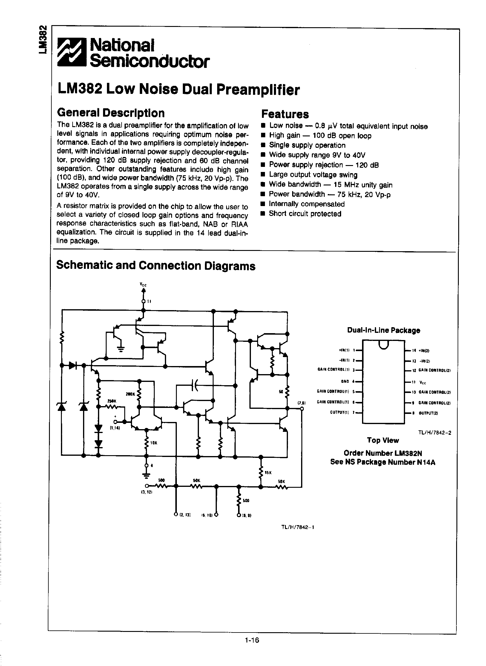 Datasheet LM382 - Low Noise Dual Preamplifier page 1