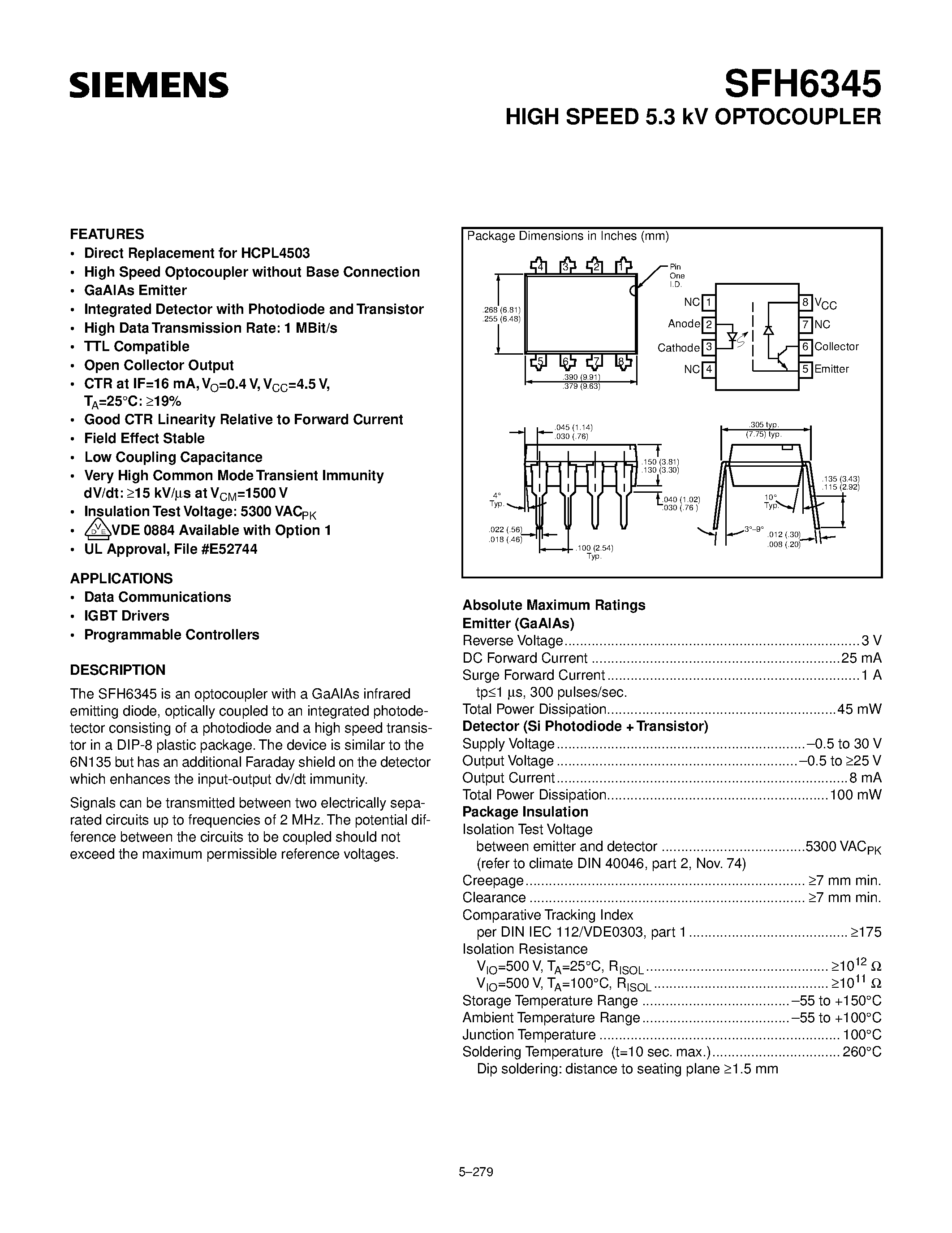 Datasheet SFH6345 page 1 Datasheet SFH6345 - HIGH SPEED 5.3 kV OPTOCOUPLER page 1