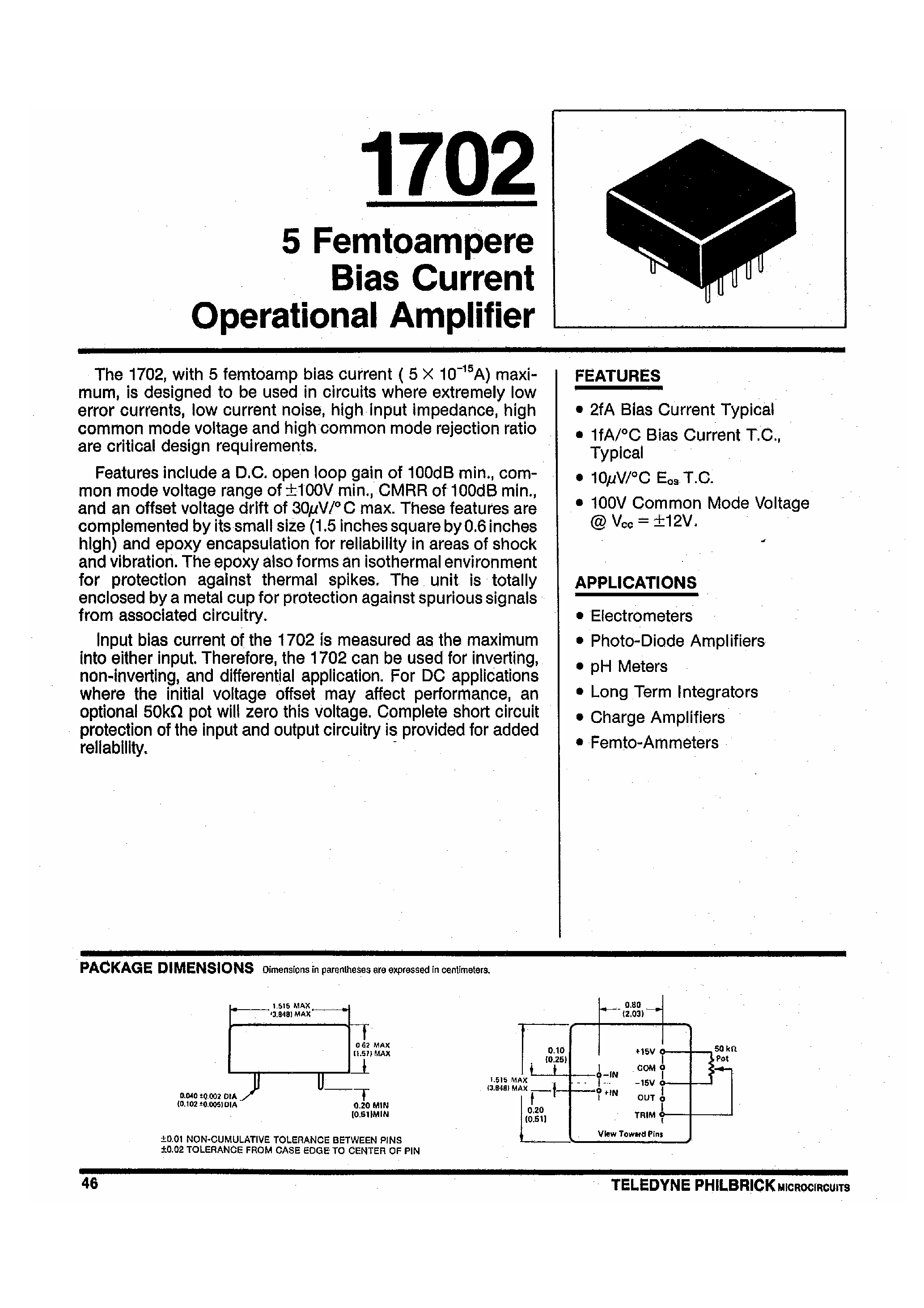 Datasheet 1702 - 5 Femtoampere Bias Current Operational Amplifier page 1