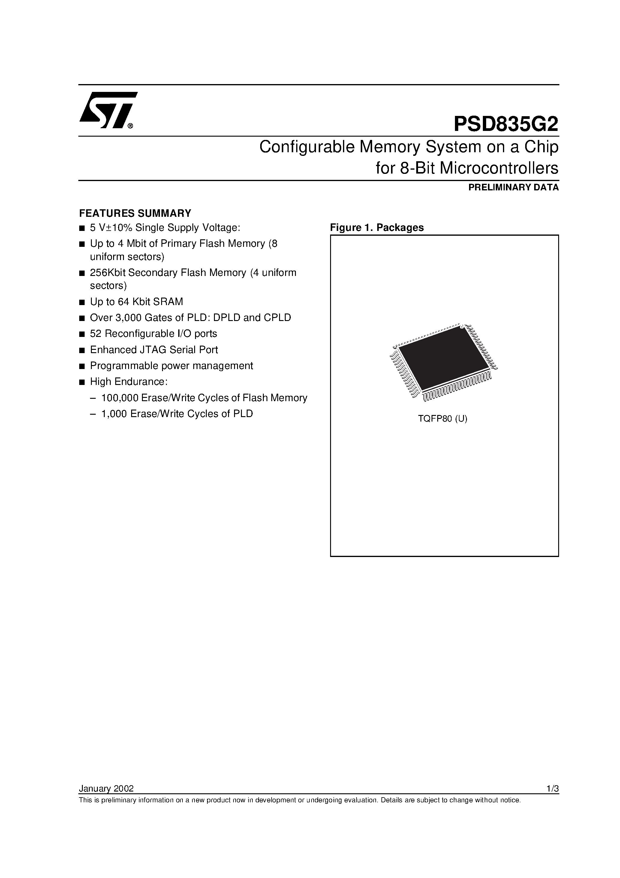 Datasheet PSD835F1-B-15JI - Configurable Memory System on a Chip for 8-Bit Microcontrollers page 1