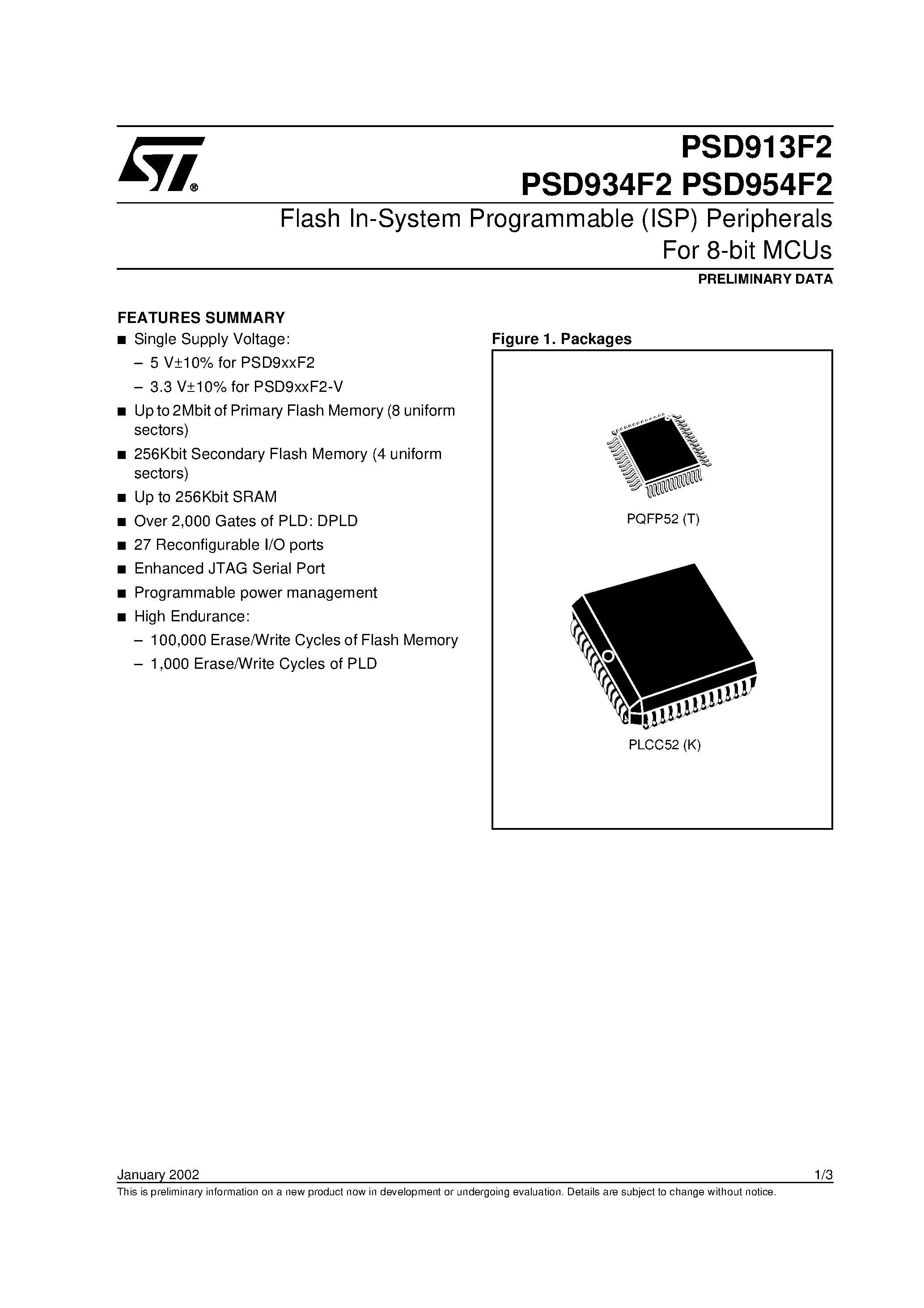 Даташит PSD9135V20JT - Flash In-System Programmable ISP Peripherals For 8-bit MCUs страница 1