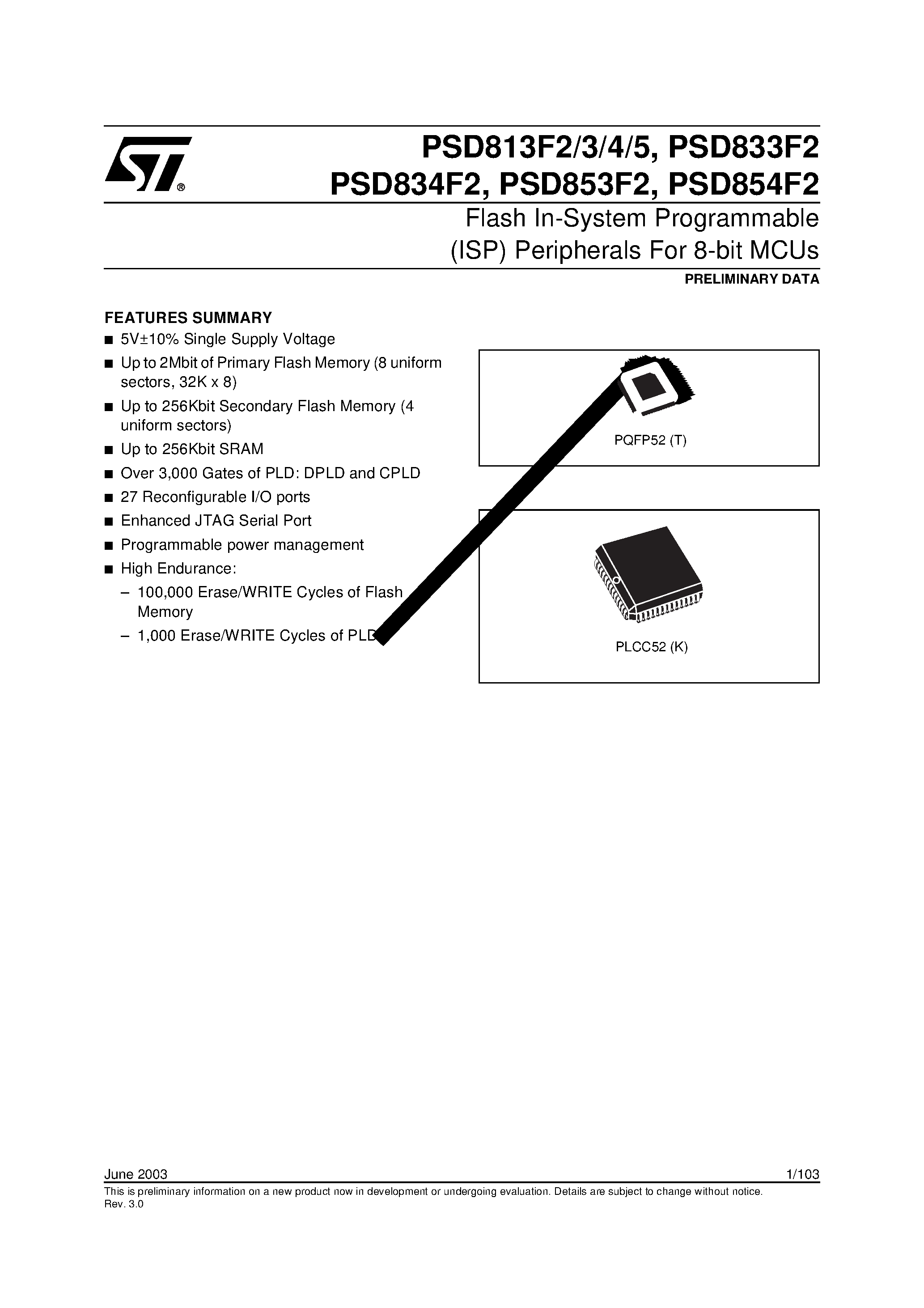 Даташит PSD8332V20MT - Flash In-System Programmable ISP Peripherals For 8-bit MCUs страница 1