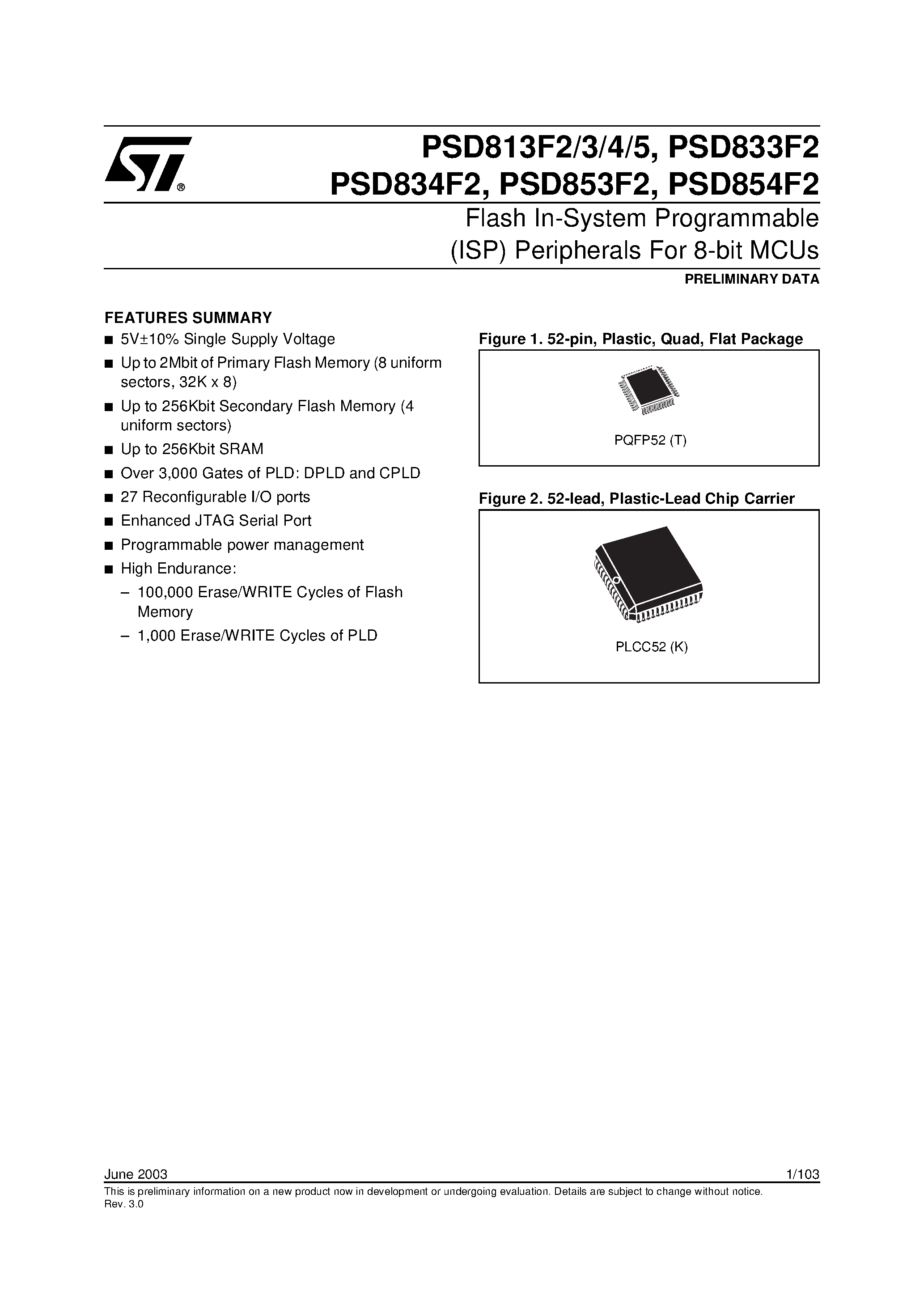 Даташит PSD833F2 - Flash In-System Programmable ISP Peripherals For 8-bit MCUs страница 1