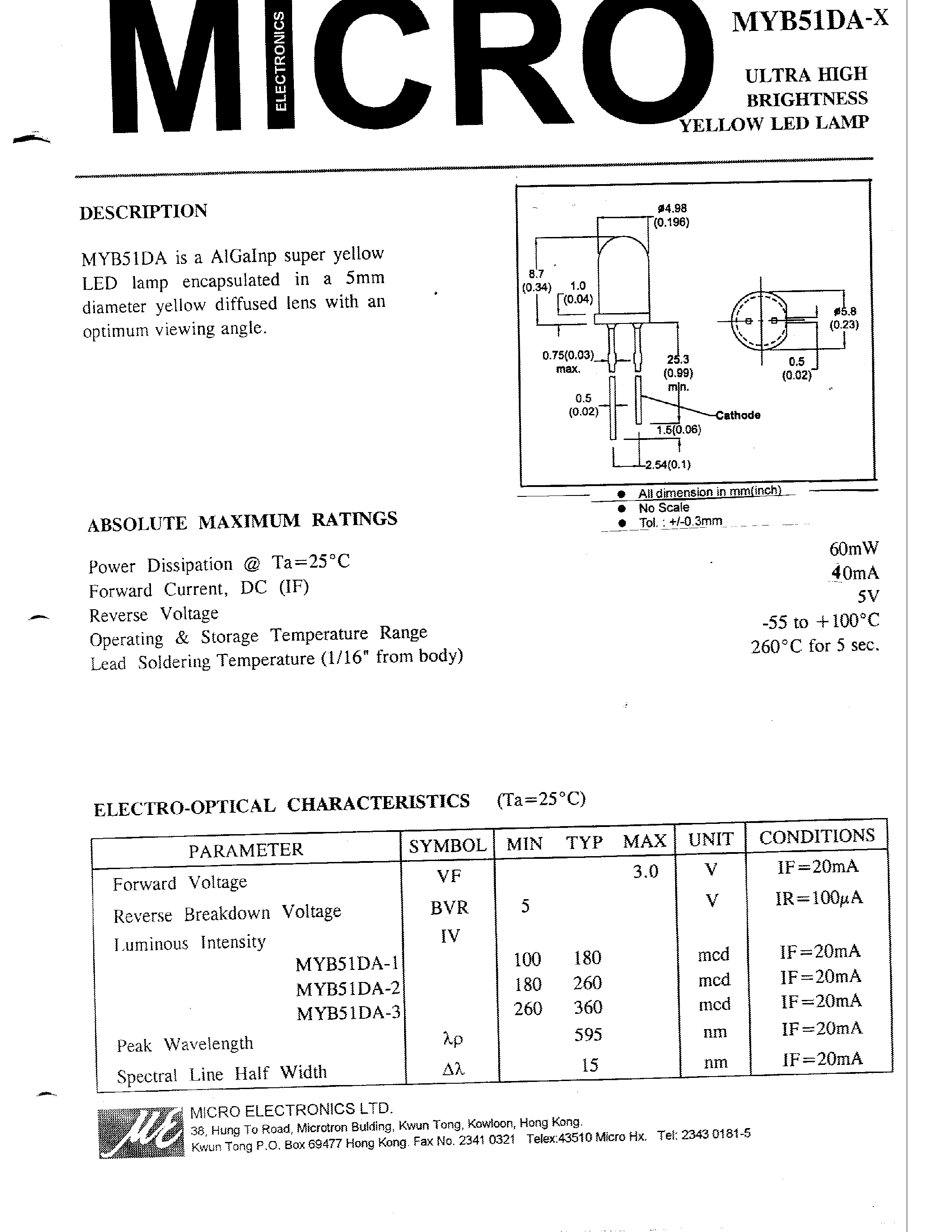 Datasheet MYB51DA-3 - ULTRA HIGH BRIGHTNESS YELLOW LED LAMP page 1