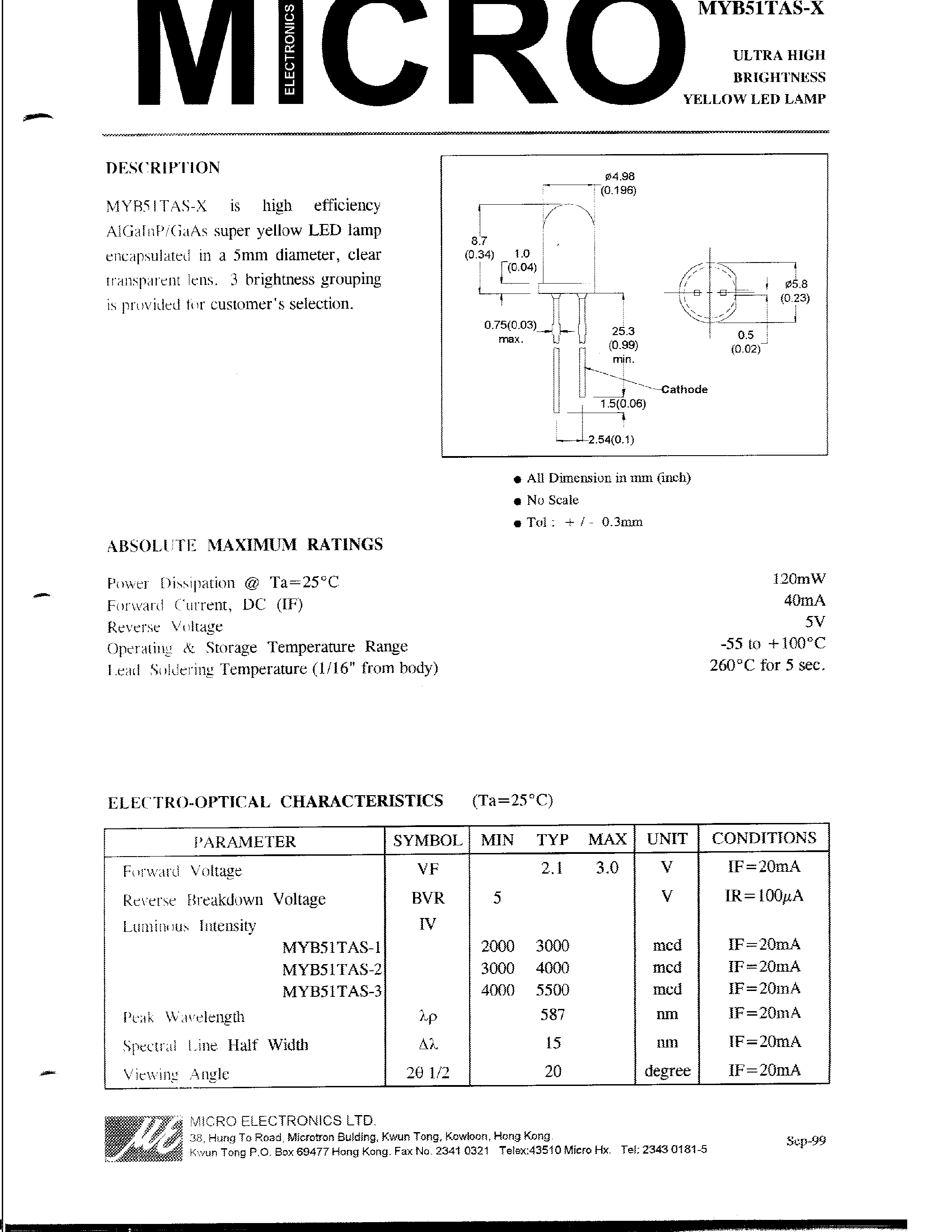 Datasheet MYB51TAS-1 - ULTRA HIGH BRIGHTNESS YELLOW LED LAMP page 1