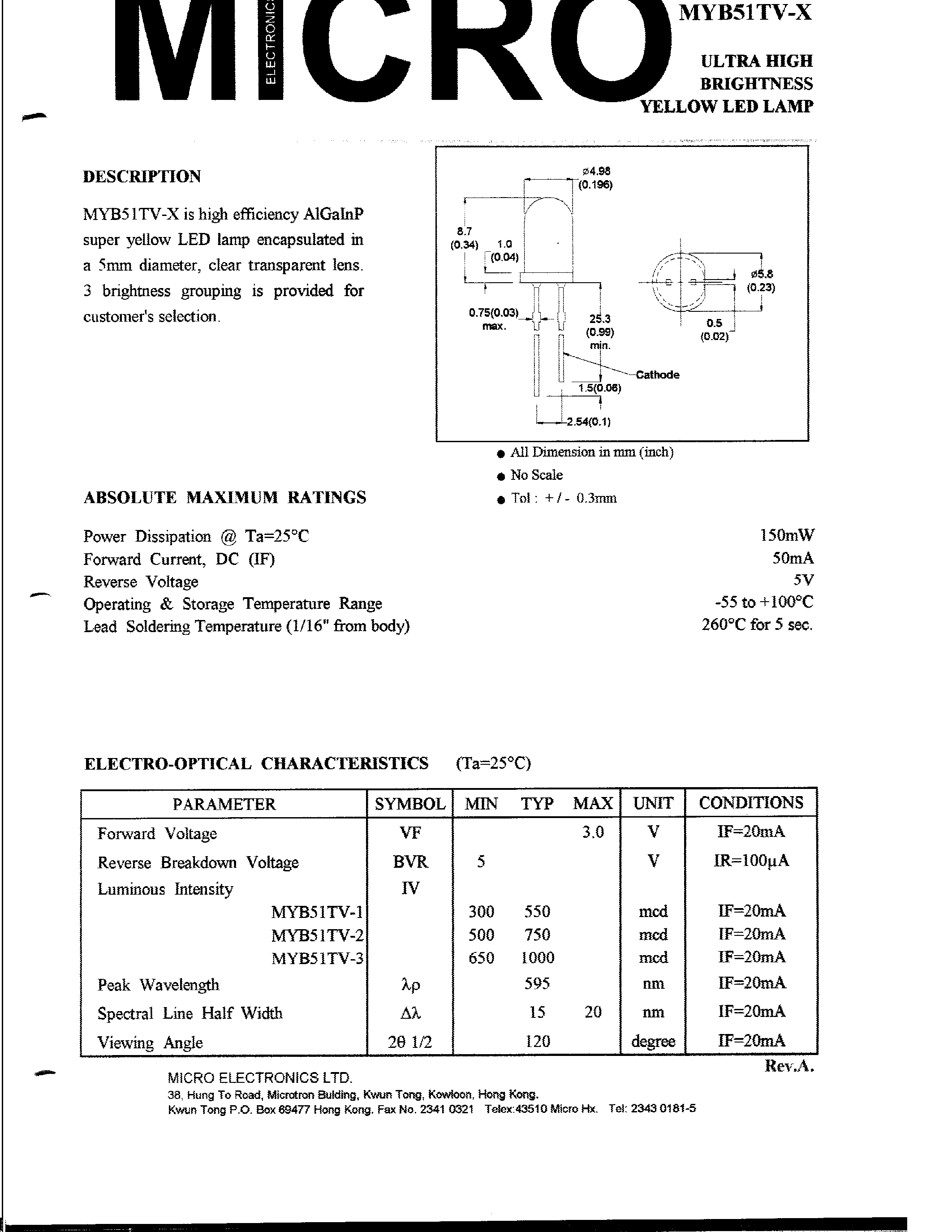 Datasheet MYB51TV-1 - ULTRA HIGH BRIGHTNESS YELLOW LED LAMP page 1