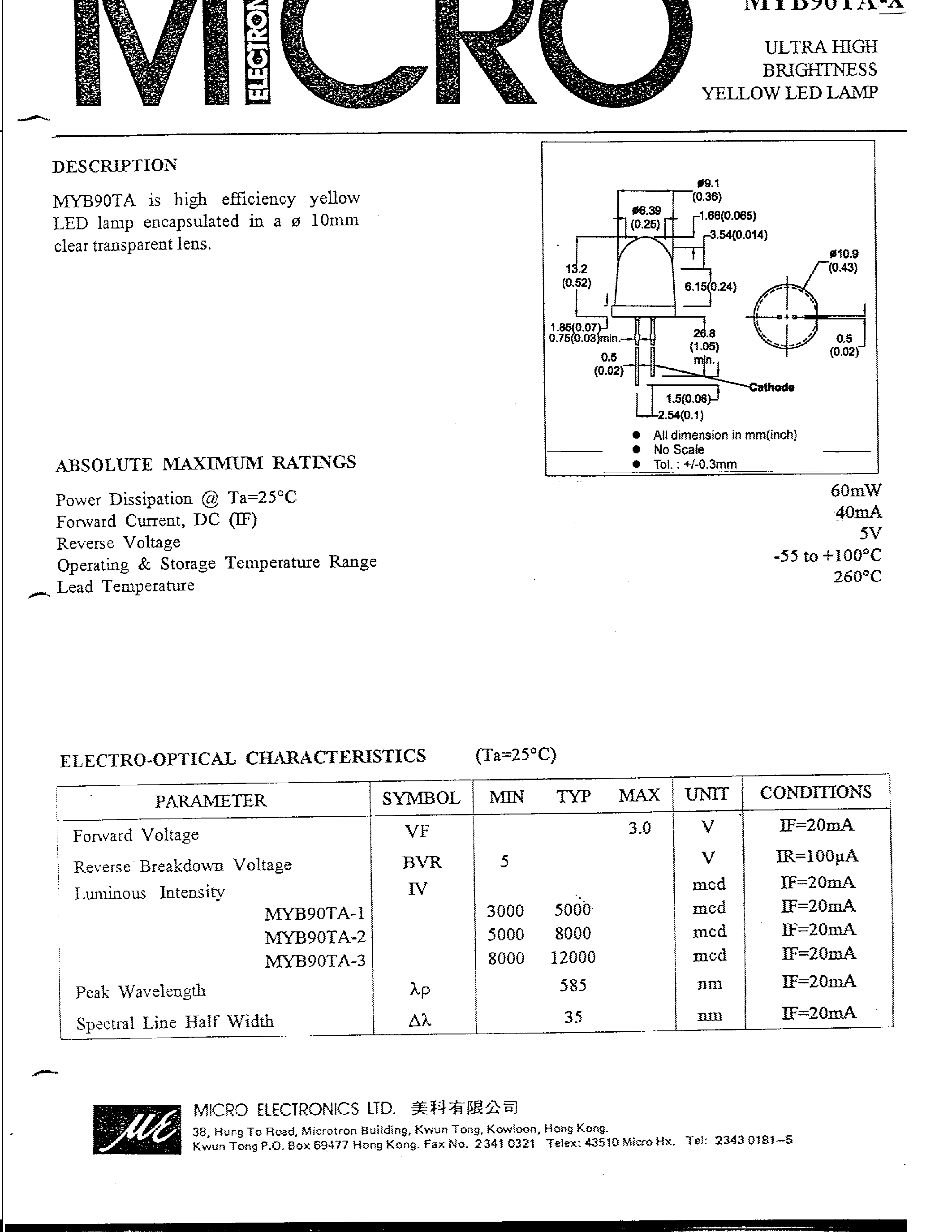 Datasheet MYB90TA-1 page 1 Datasheet MYB90TA-1 - ULTRA HIGH BRIGHTNESS YELLOW LED LAMP page 1