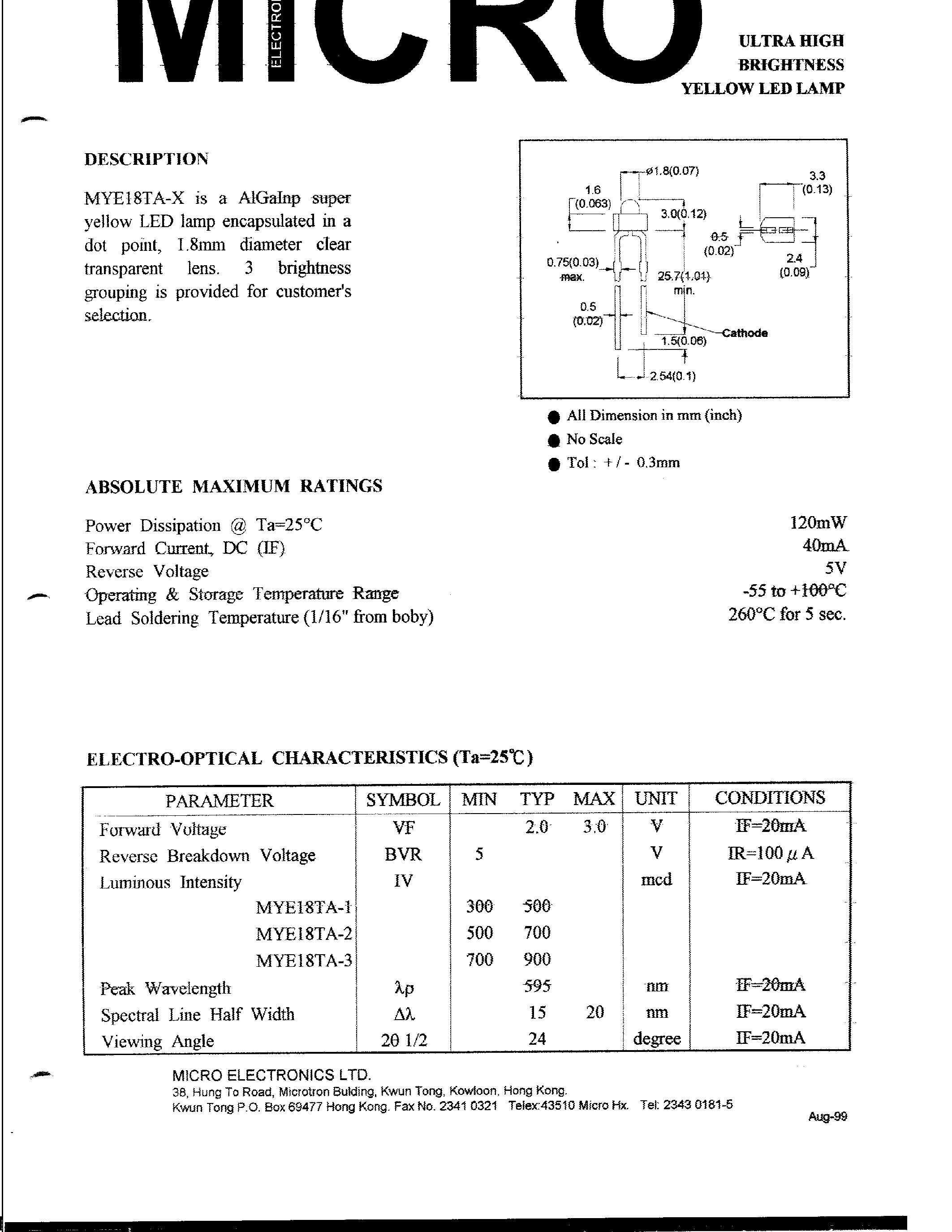 Datasheet MYE18TA-3 - ULTRA HIGH BRIGHTNESS YELLOW LED LAMP page 1
