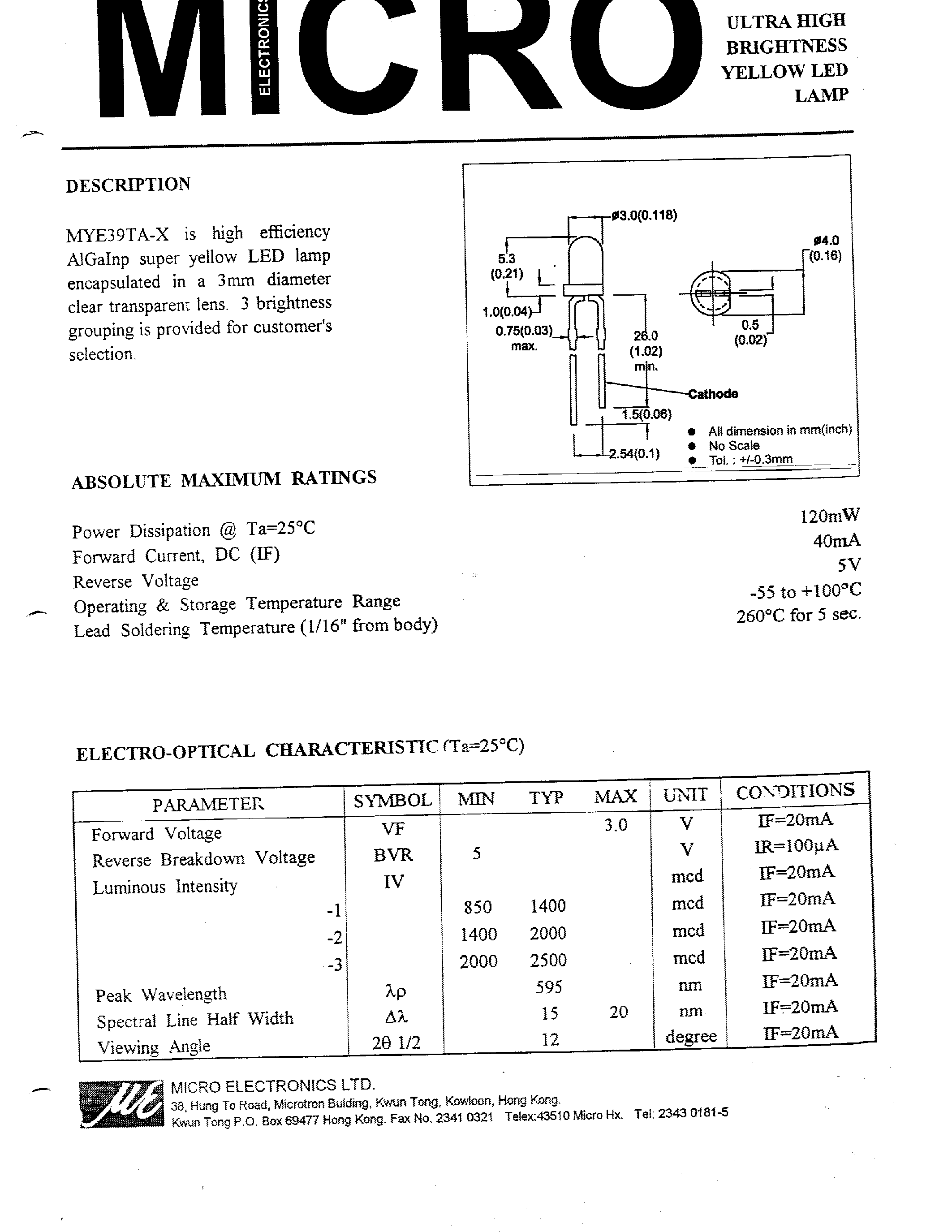 Datasheet MYE39TA-1 - ULTRA HIGH BRIGHTNESS YELLOW LED LAMP page 1