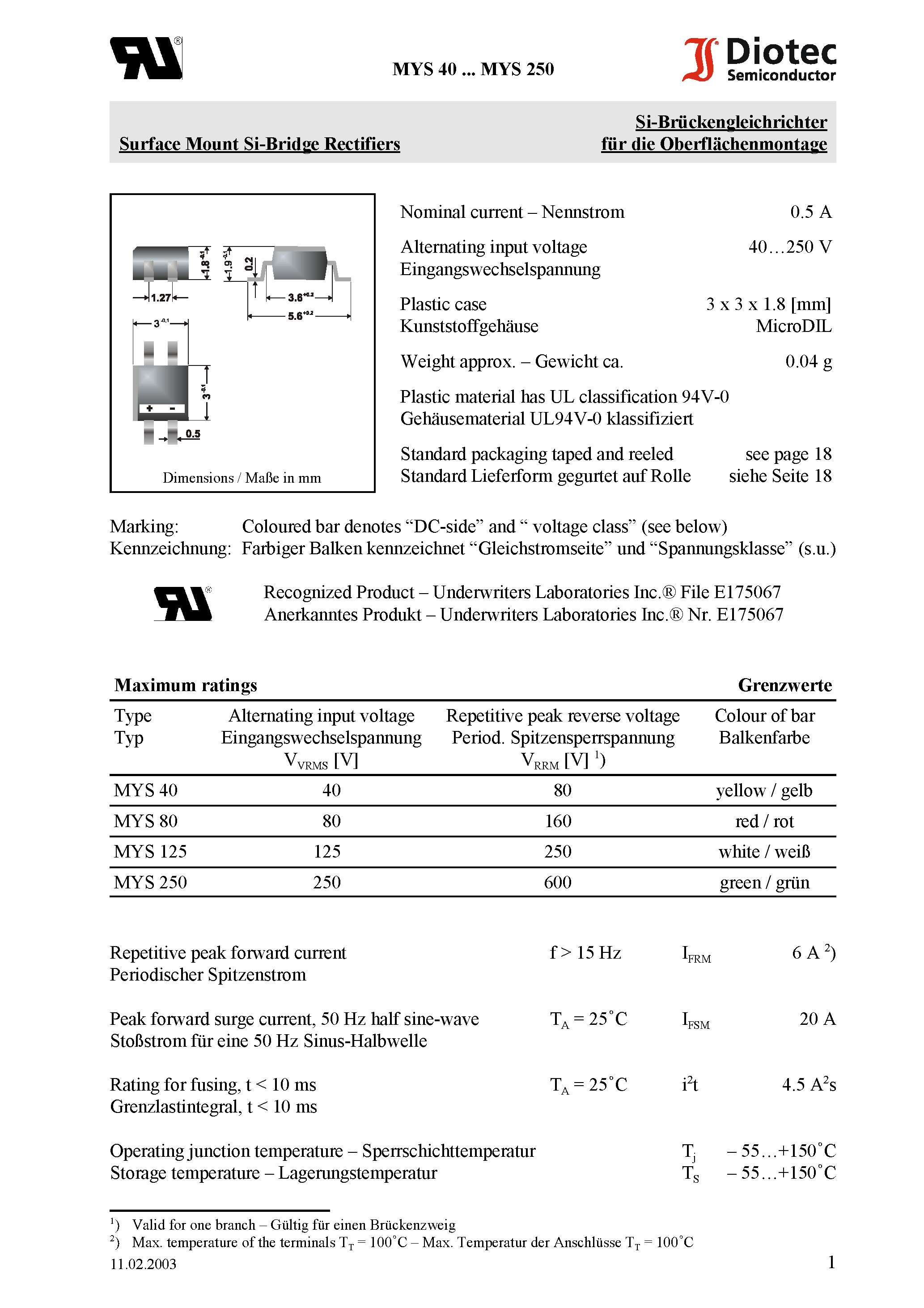 Datasheet MYS250 page 1 Datasheet MYS250 - Surface Mount Si-Bridge Rectifiers page 1