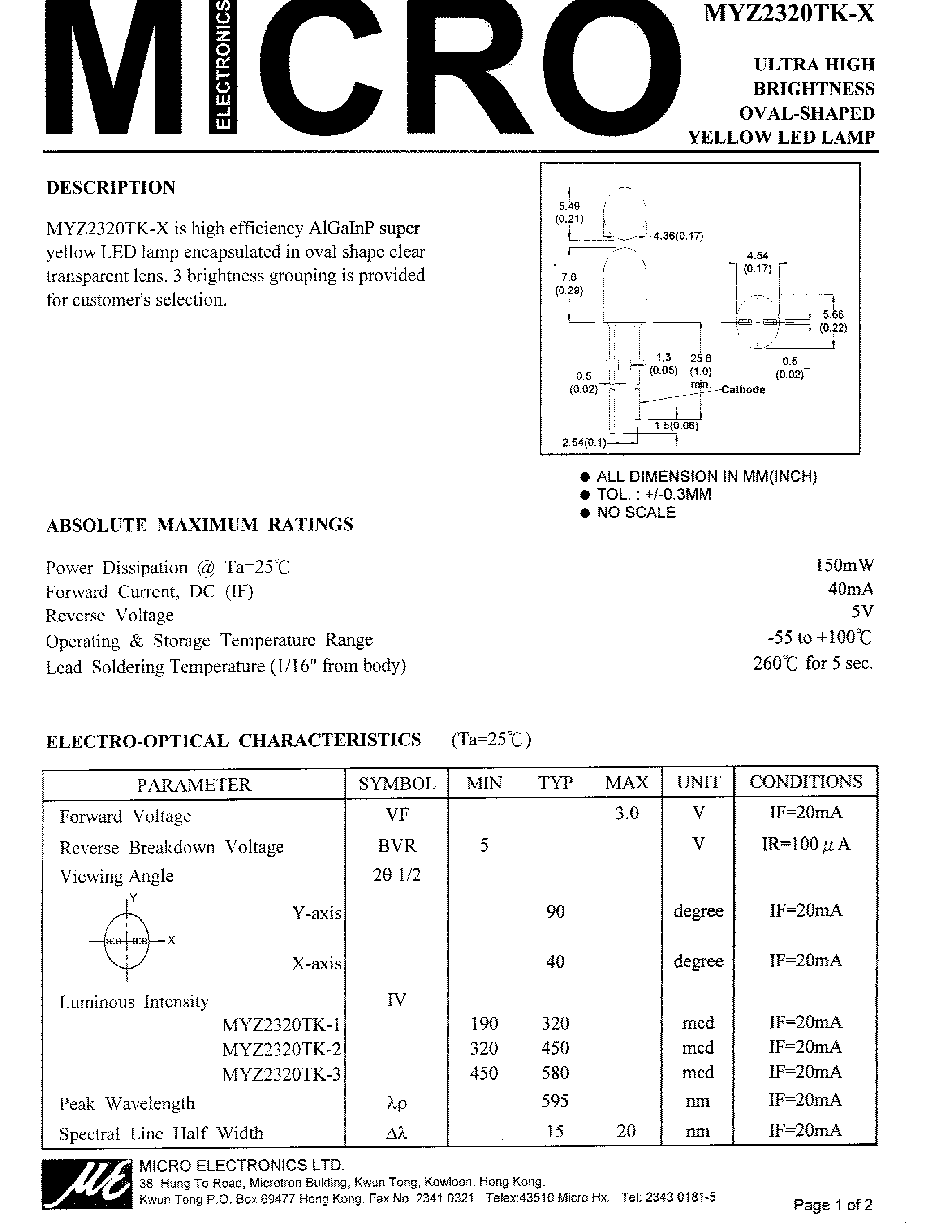 Datasheet MYZ2320TK-2 page 1 Datasheet MYZ2320TK-2 - ULTRA HIGH BRIGHTNESS OVAL-SHAPED YELLOW LED LAMP page 1