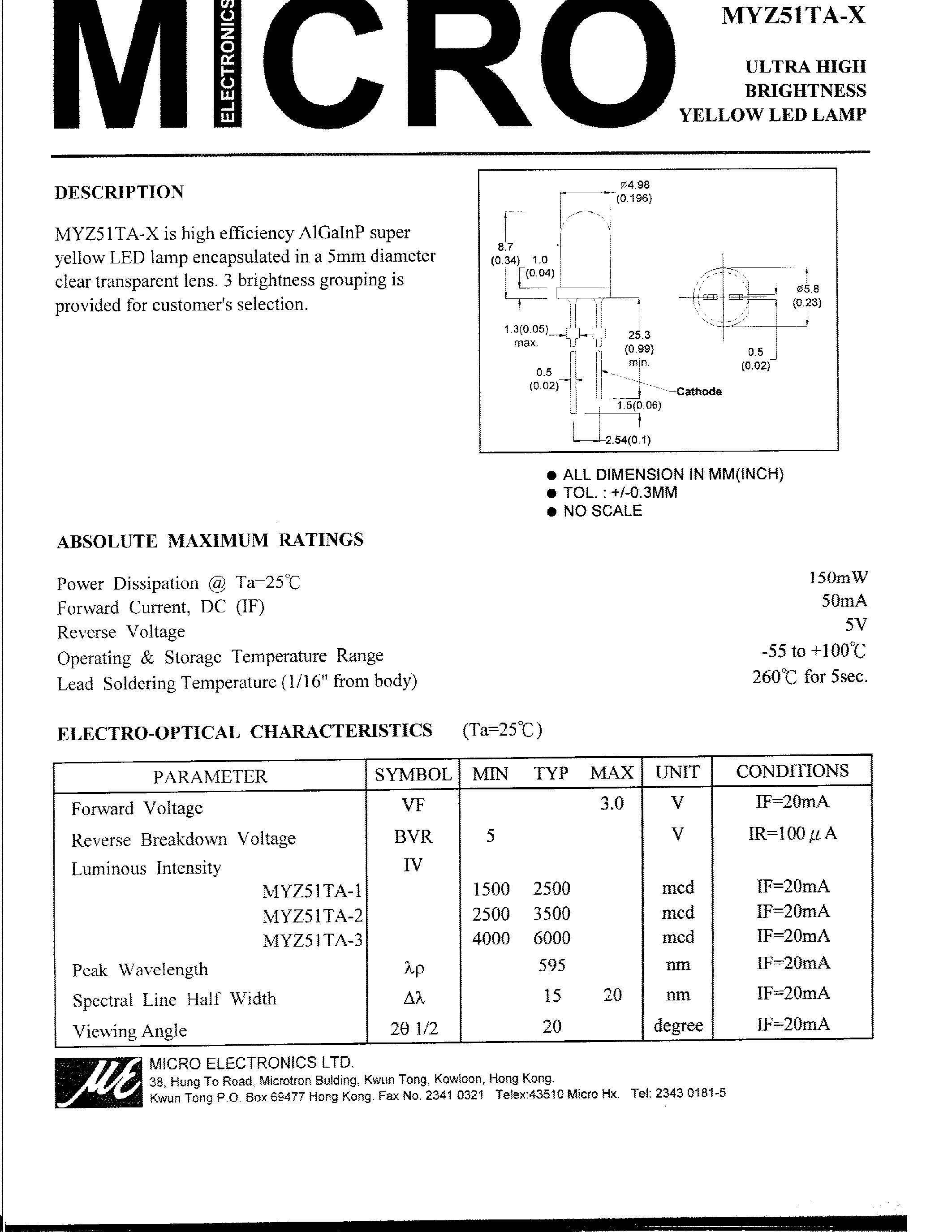 Datasheet MYZ51TA-1 - ULTRA HIGH BRIGHTNESS YELLOW LED LAMP page 1