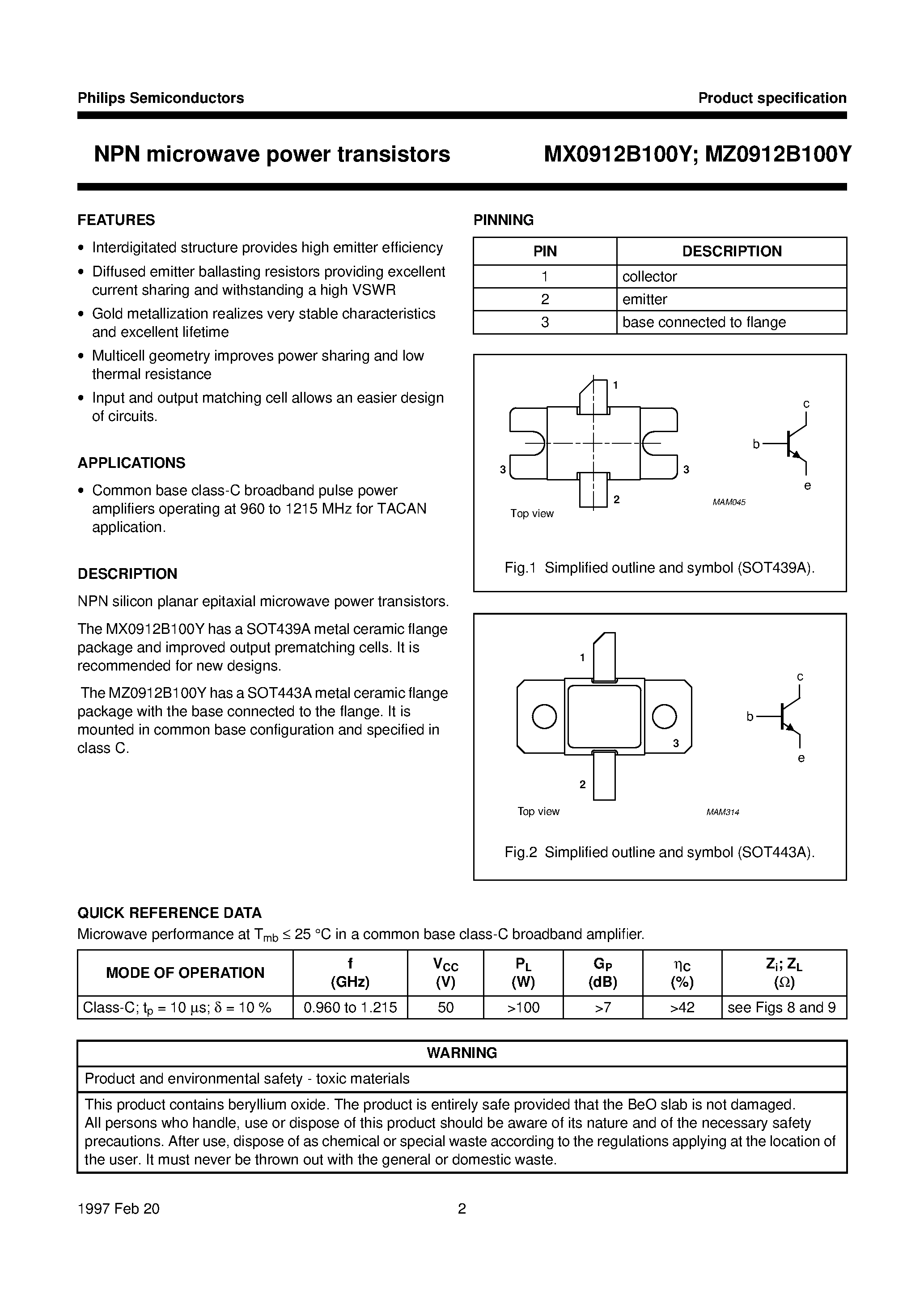Datasheet MZ0912B100Y - NPN microwave power transistors page 2
