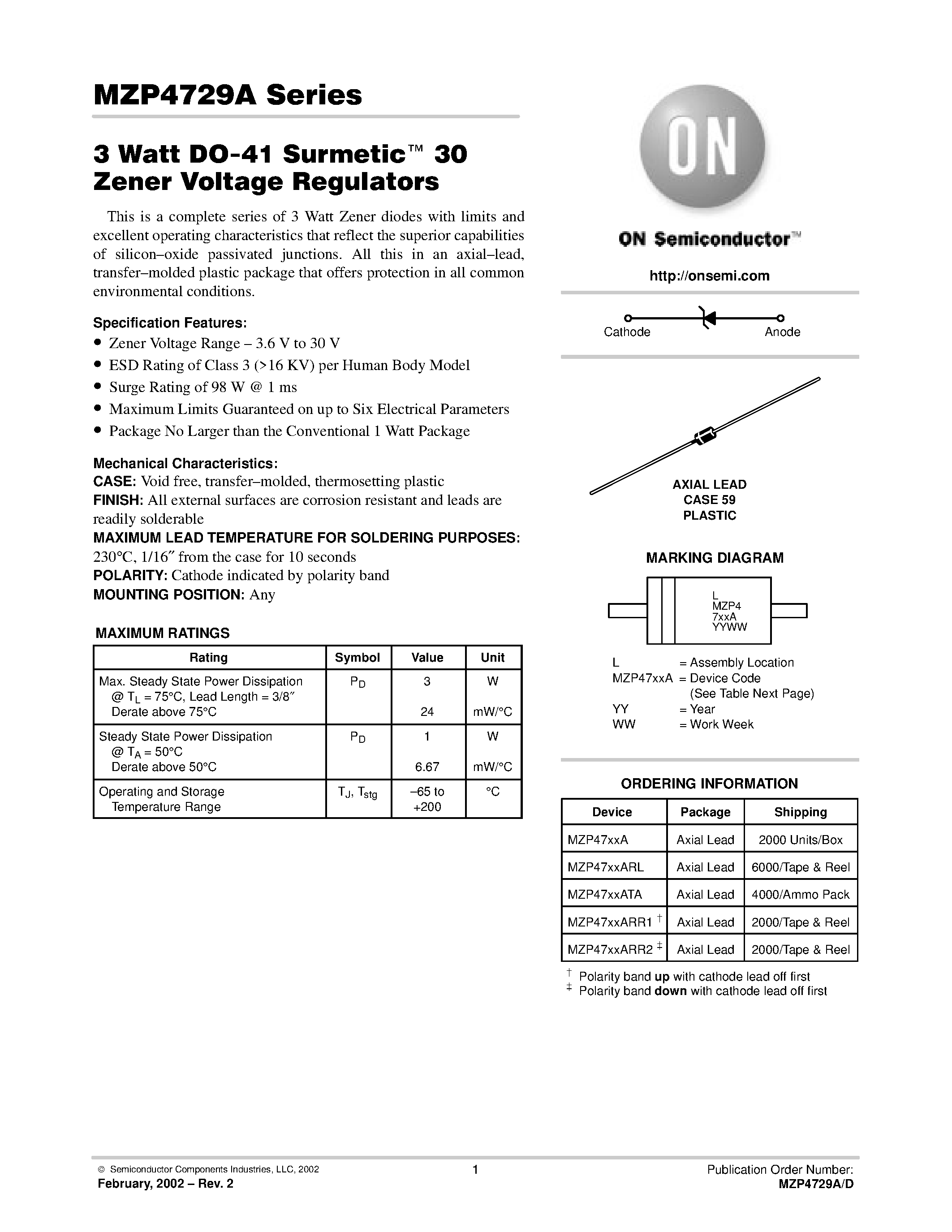 Datasheet MZP4737A - 3 Watt DO-41 Surmetic 30 Zener Voltage Regulators page 1