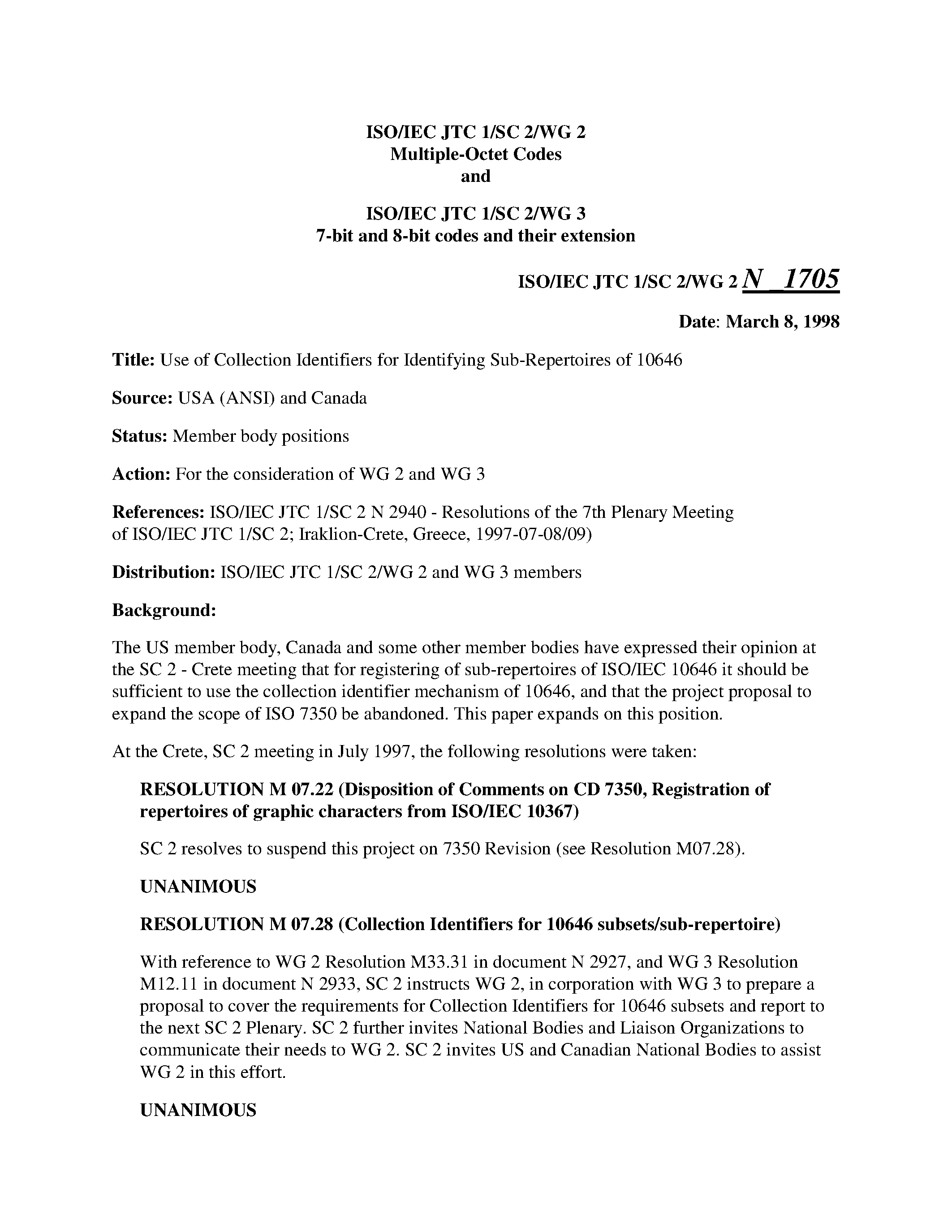 Datasheet N1705 page 1 Datasheet N1705 - 7-bit and 8-bit codes and their extension page 1