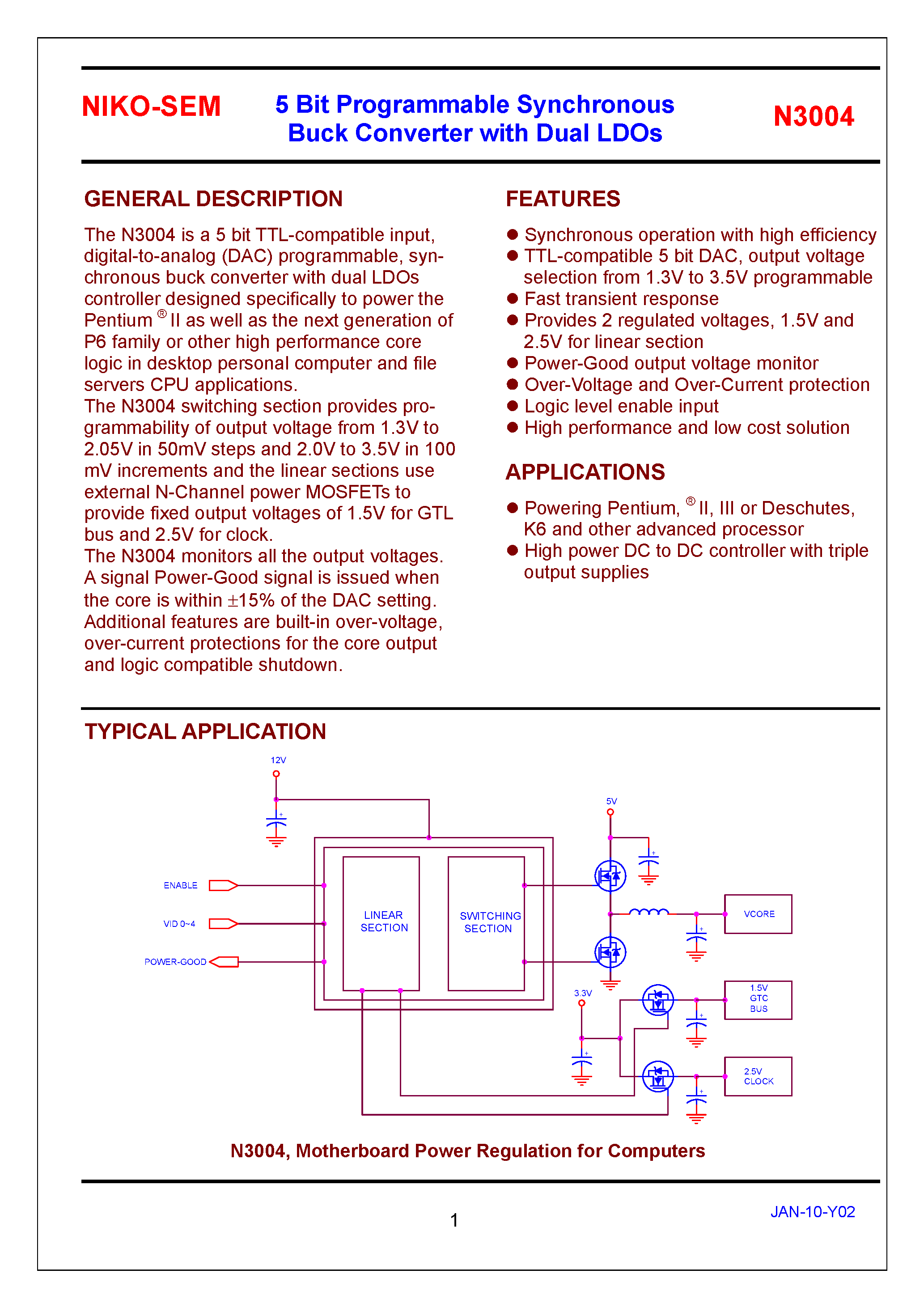 Datasheet N3004 - 5 Bit Programmable Synchronous Buck Converter with Dual LDOs page 1