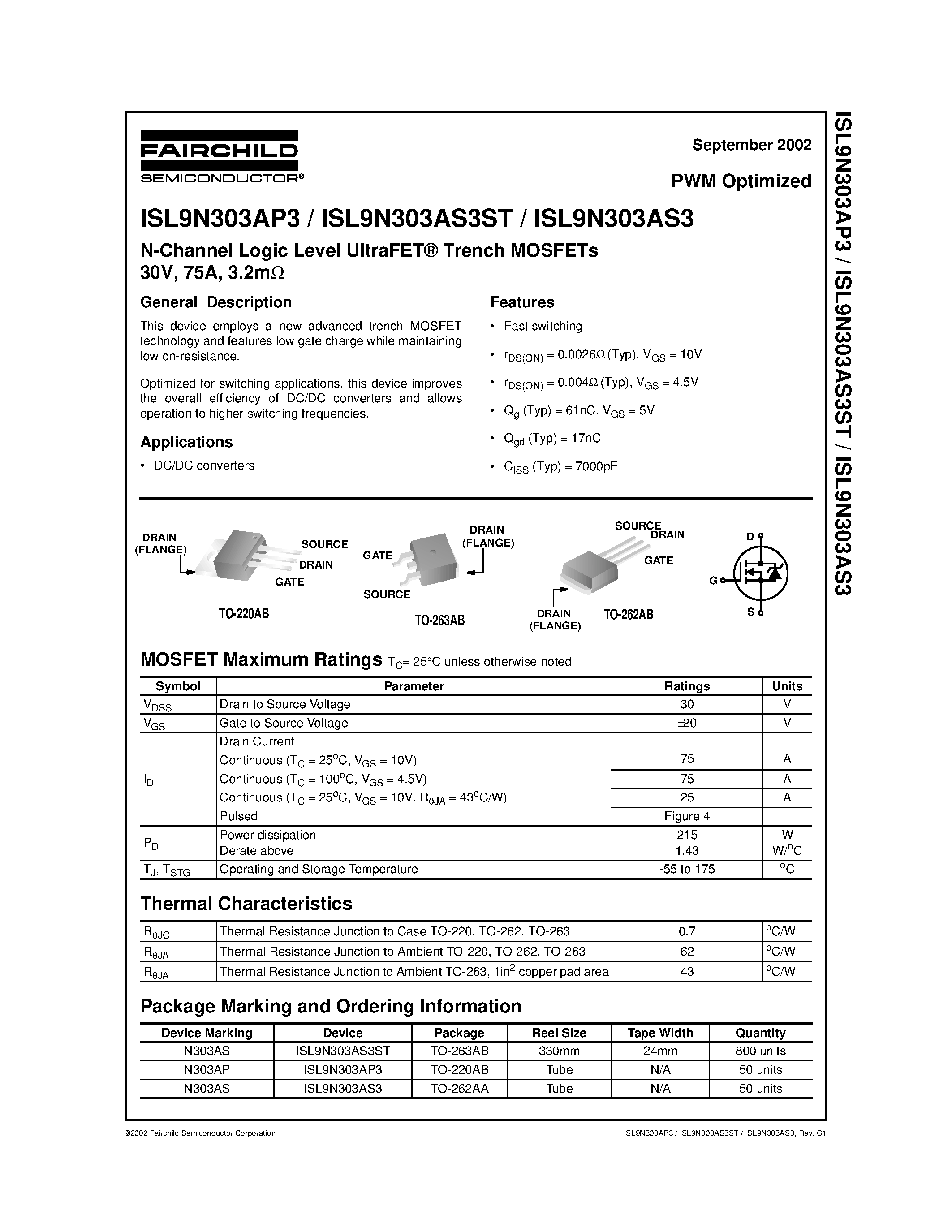 Datasheet N303AS - N-Channel Logic Level UltraFET Trench MOSFETs 30V / 75A / 3.2m page 1