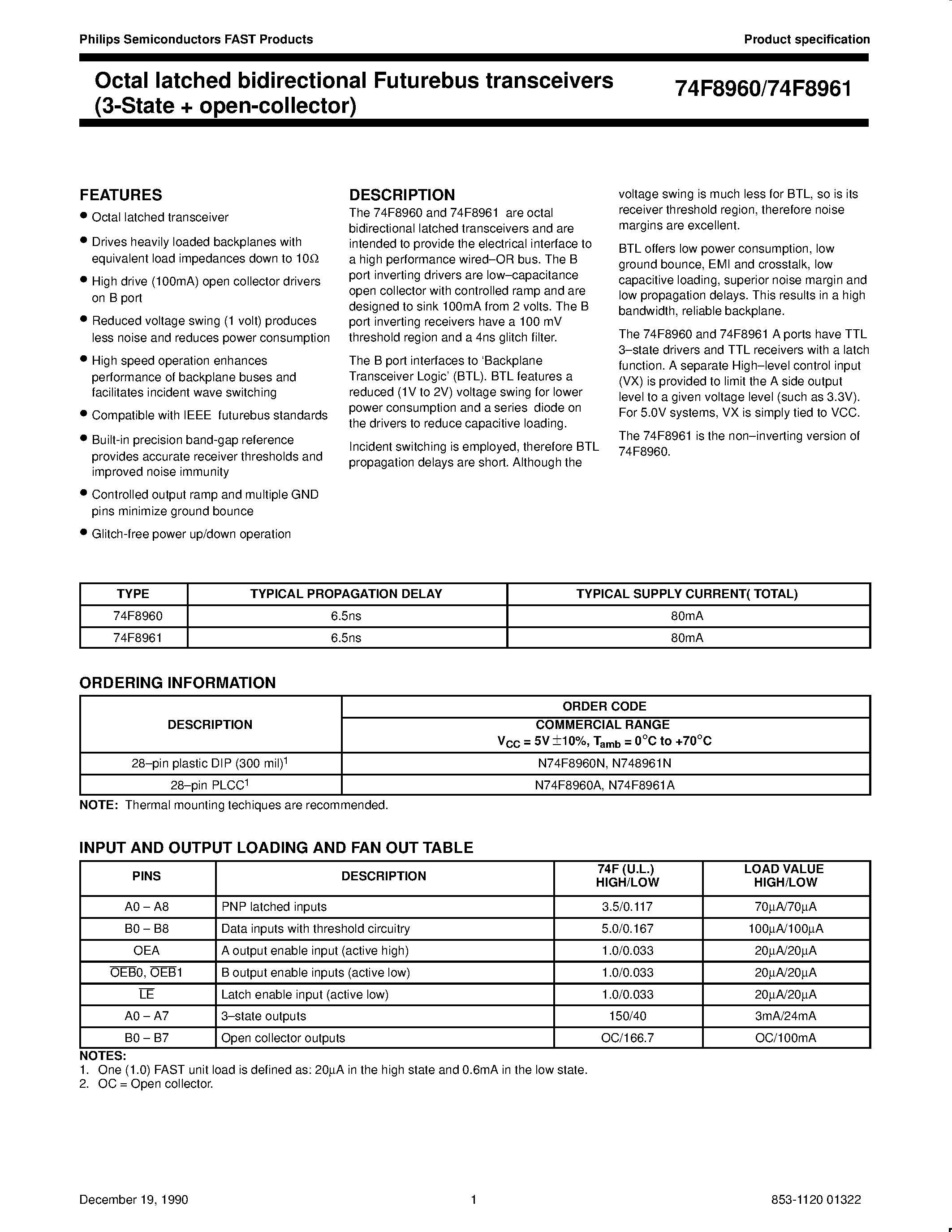 Datasheet N748961N - Octal latched bidirectional Futurebus transceivers 3-State open-collector page 1