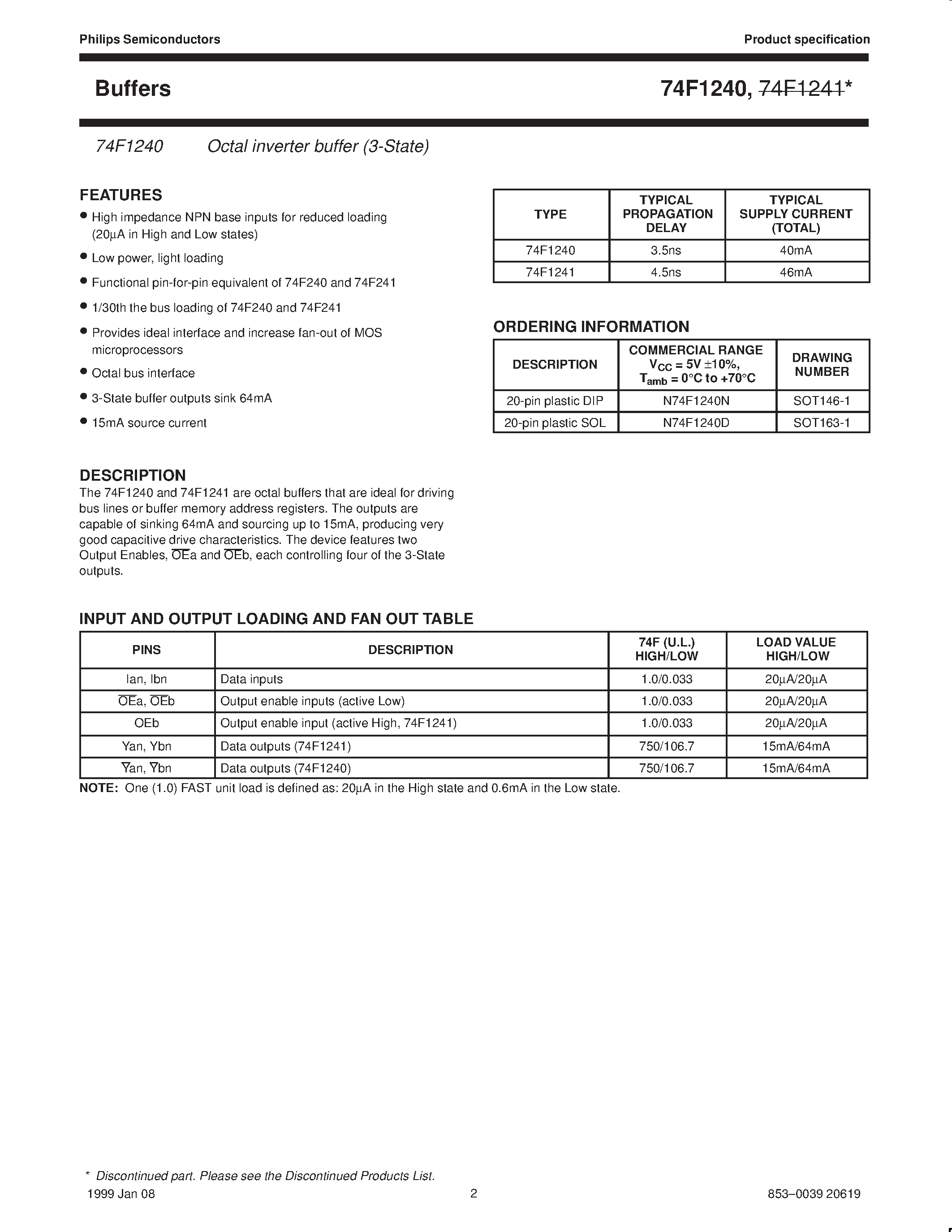 Datasheet N74F1240D - Octal inverter buffer 3-State page 2