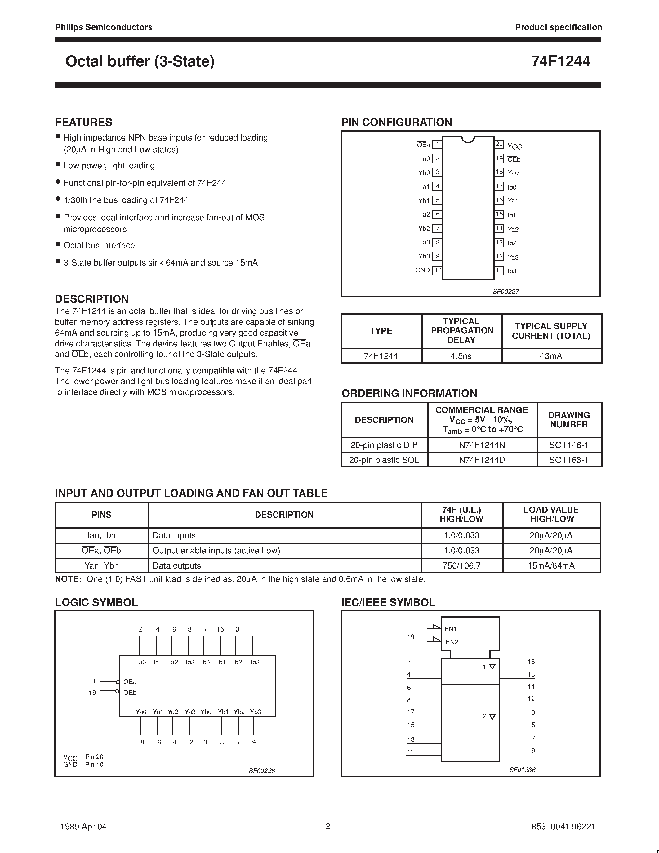 Datasheet N74F1244N - Octal buffer 3-State page 2