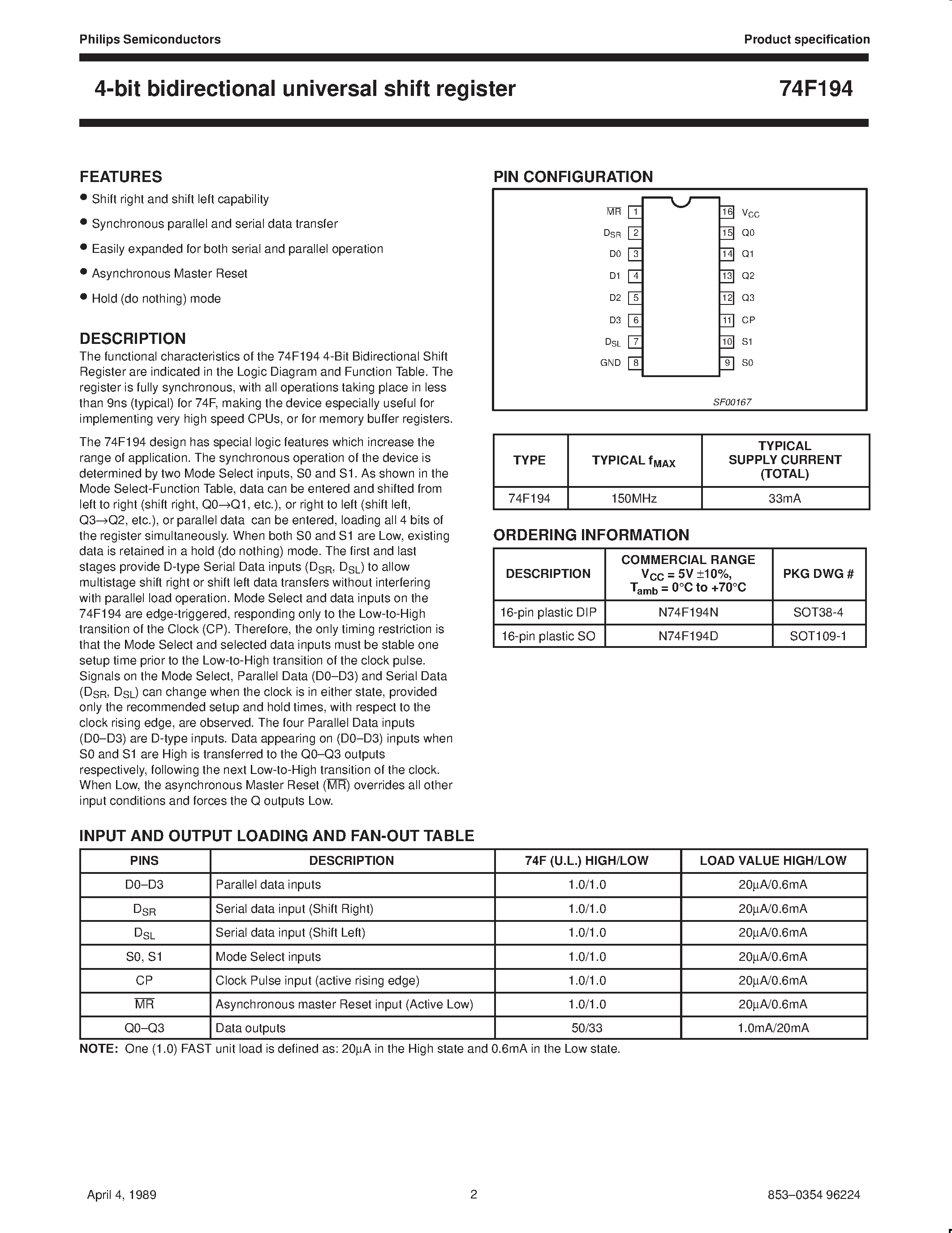 Datasheet N74F194D - 4-bit bidirectional universal shift register page 2