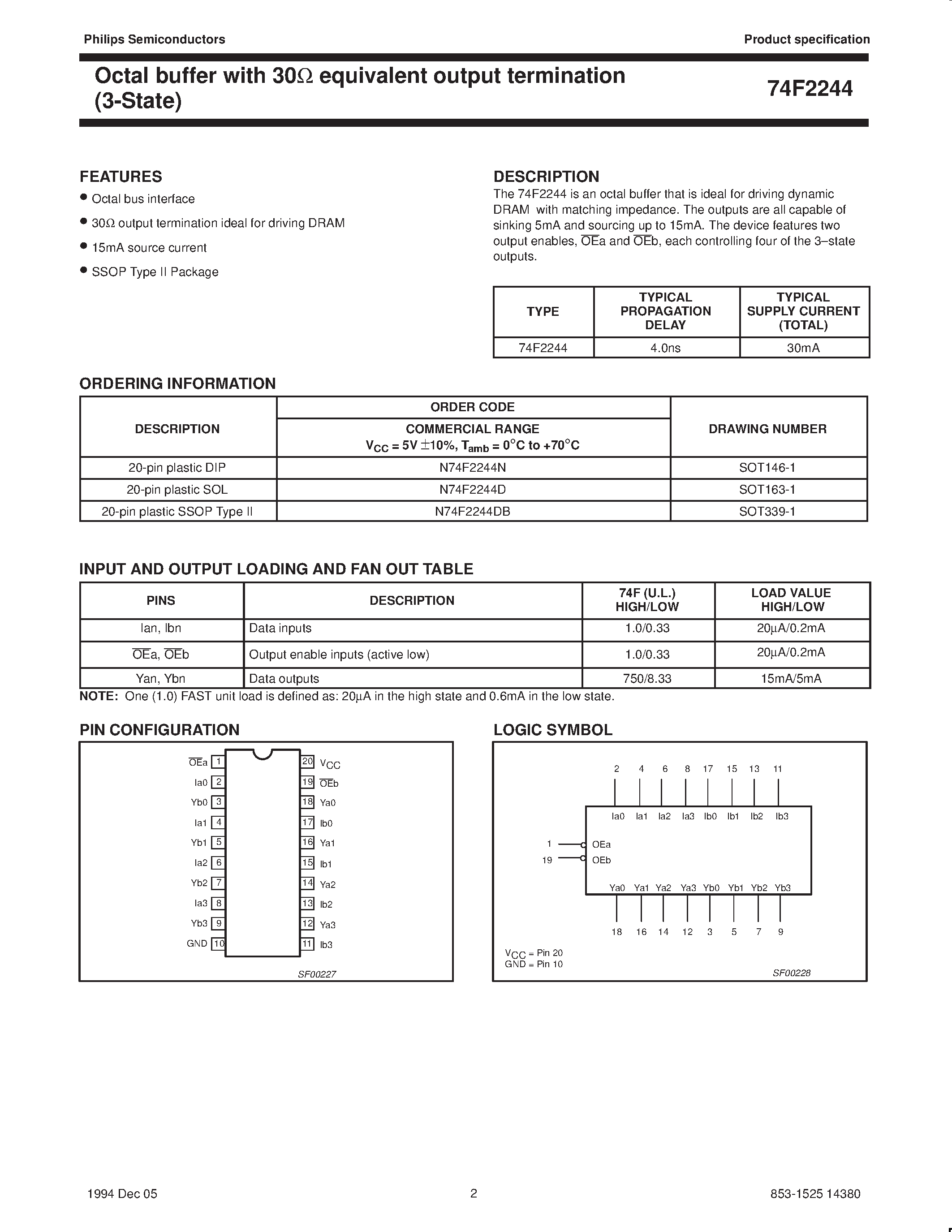 Datasheet N74F2244D - Octal buffer with 30ohm equivalent output termination 3-State page 2