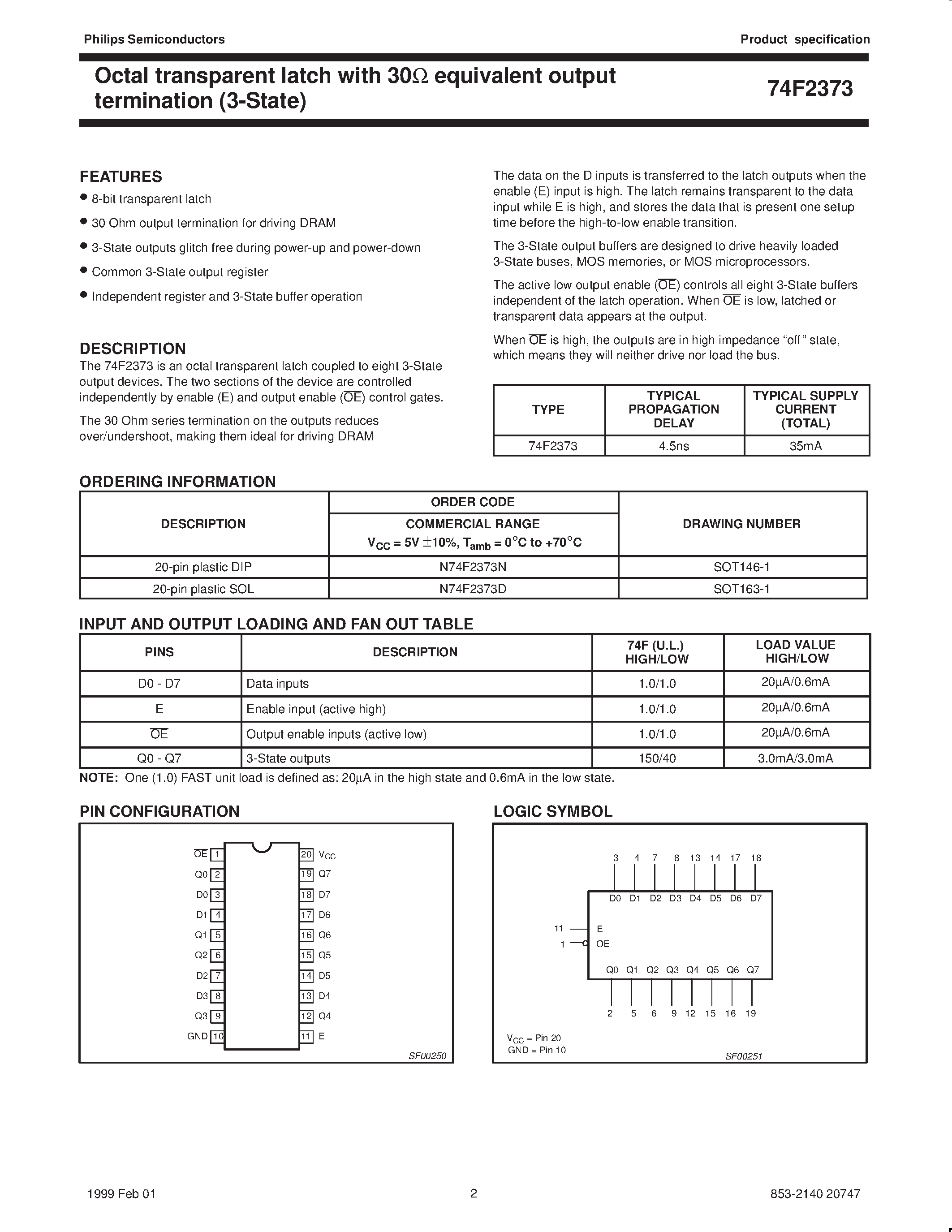 Datasheet N74F2373D - Octal transparent latch with 30ohm equivalent output termination 3-State page 2