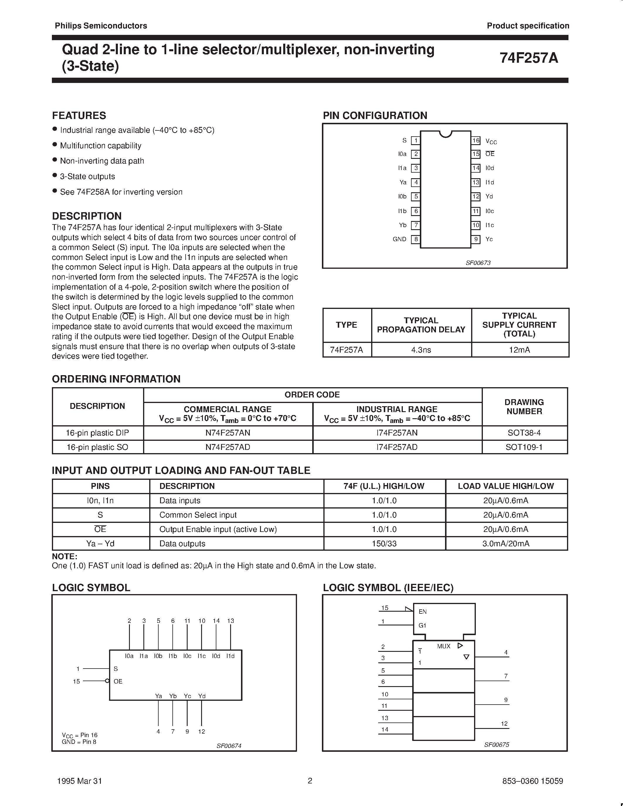 Datasheet N74F257AN - Quad 2-line to 1-line selector/multiplexer / non-inverting 3-State page 2