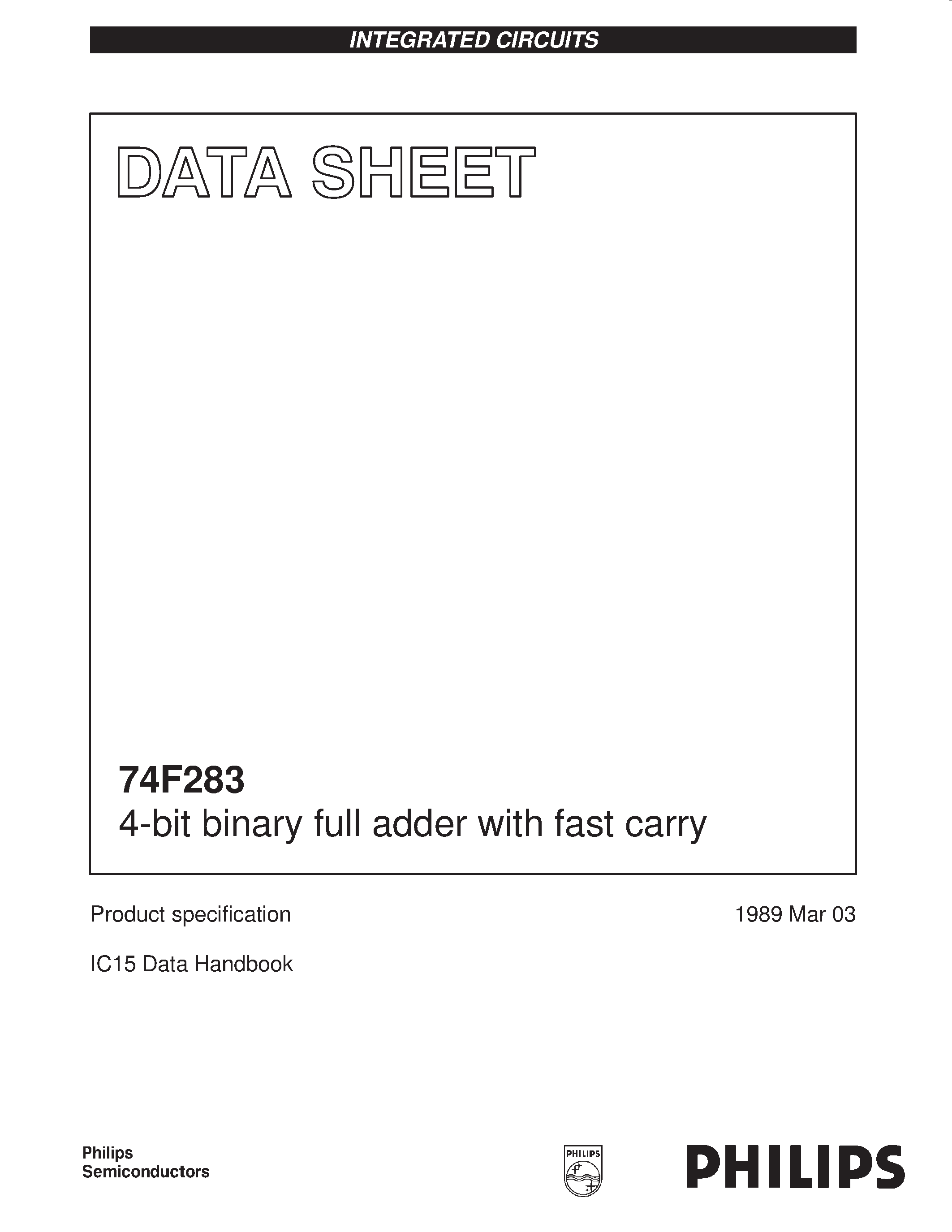 Datasheet N74F283D page 1 Datasheet N74F283D - 4-bit binary full adder with fast carry page 1