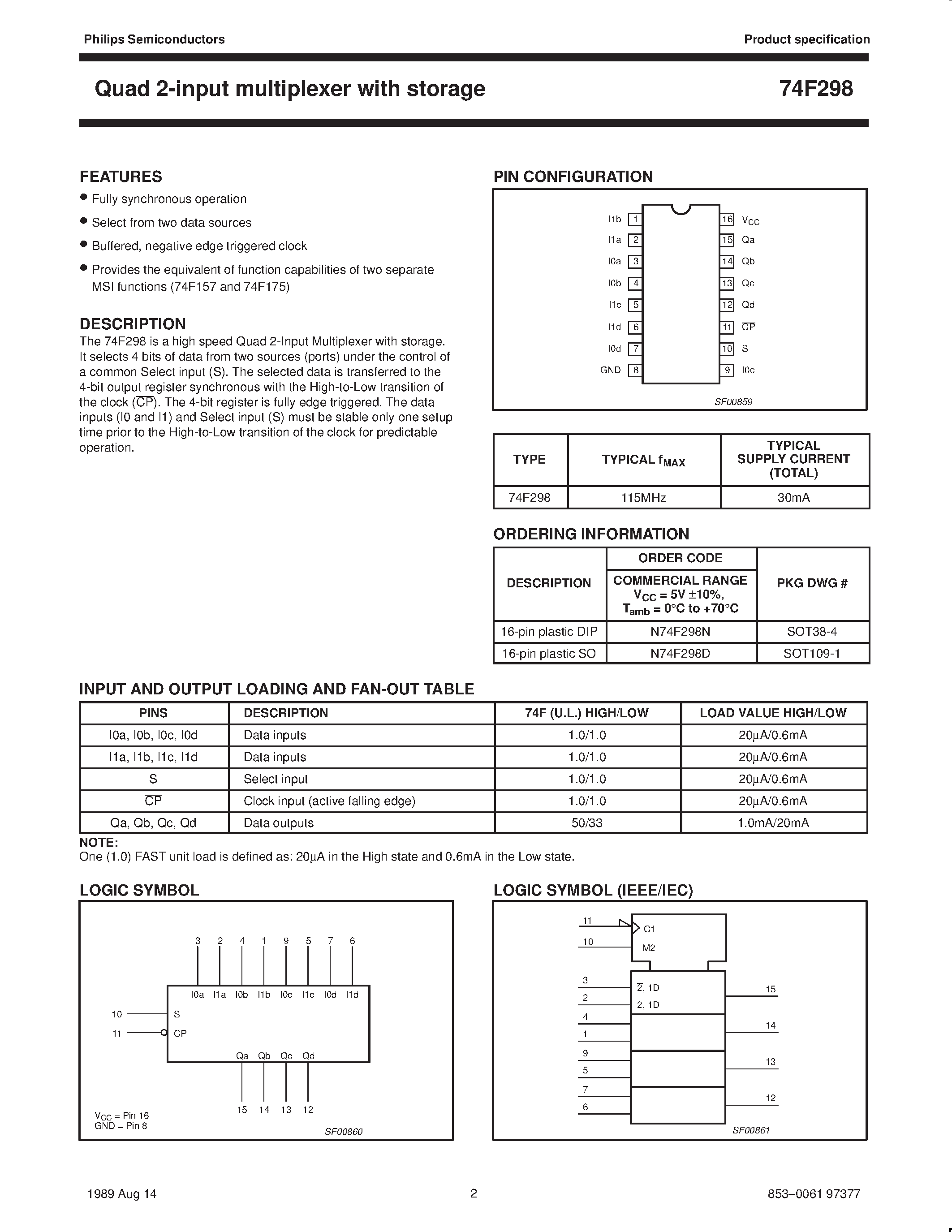 Datasheet N74F298N - Quad 2-input multiplexer with storage page 2