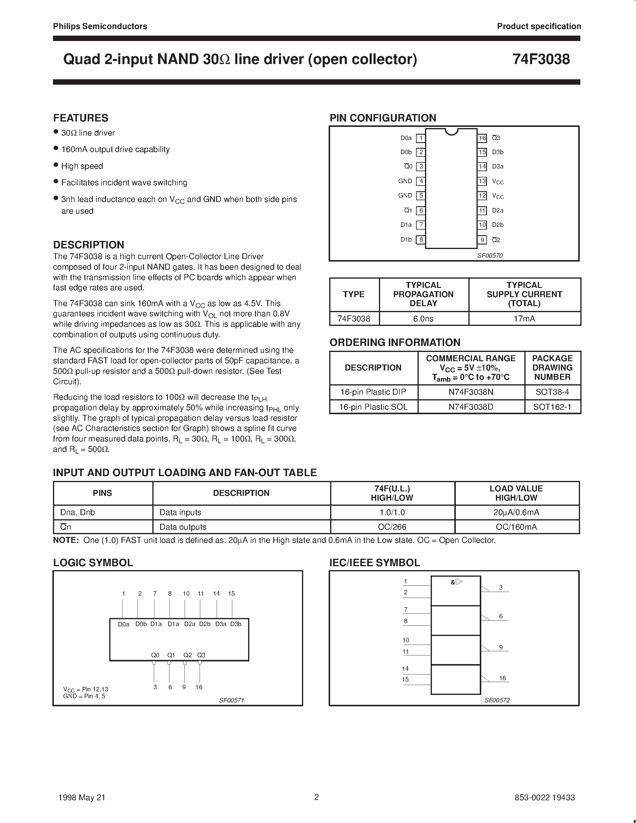 Datasheet N74F3038D - Quad 2-input NAND 30 ohm line driver open collector page 2