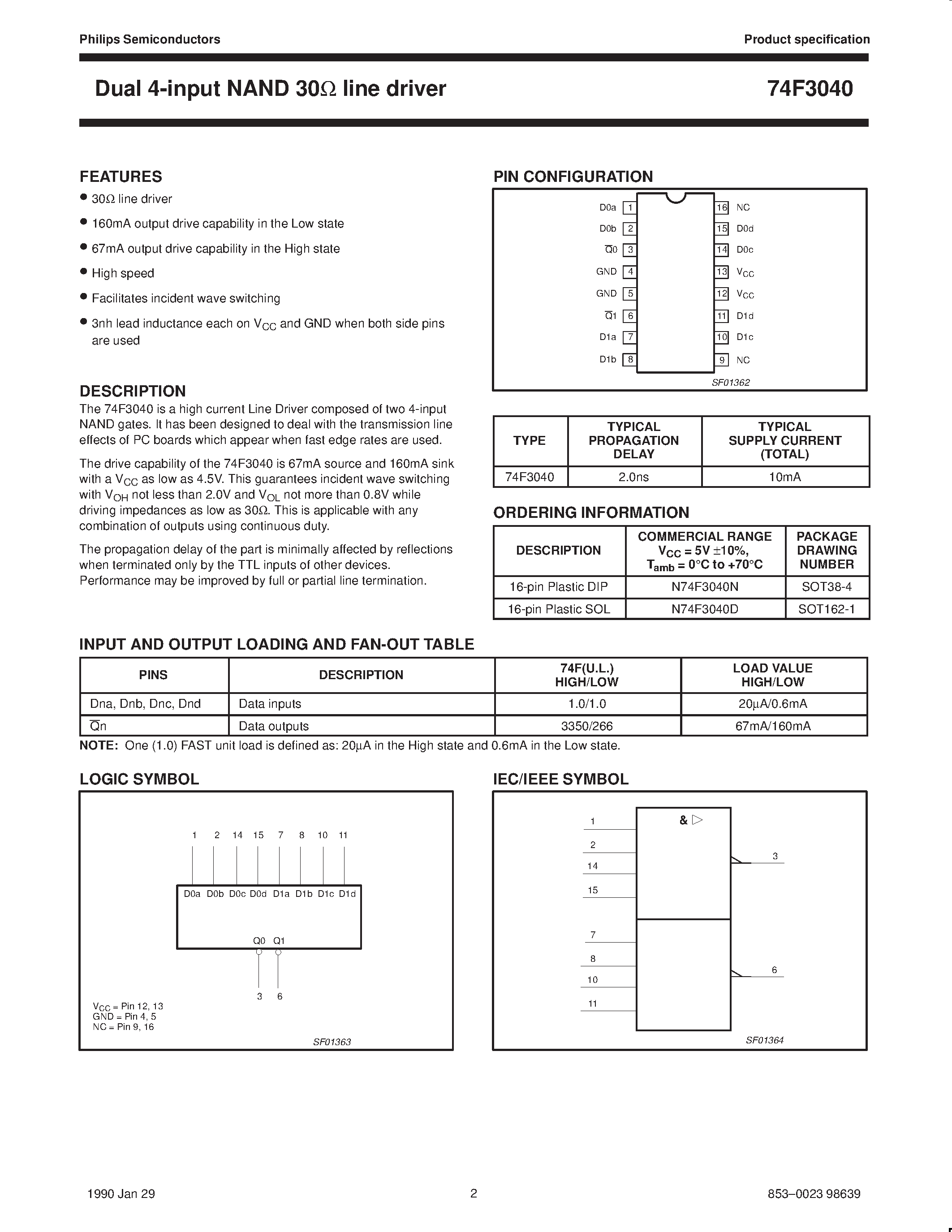 Datasheet N74F3040N - Dual 4-input NAND 30 ohm line driver page 2