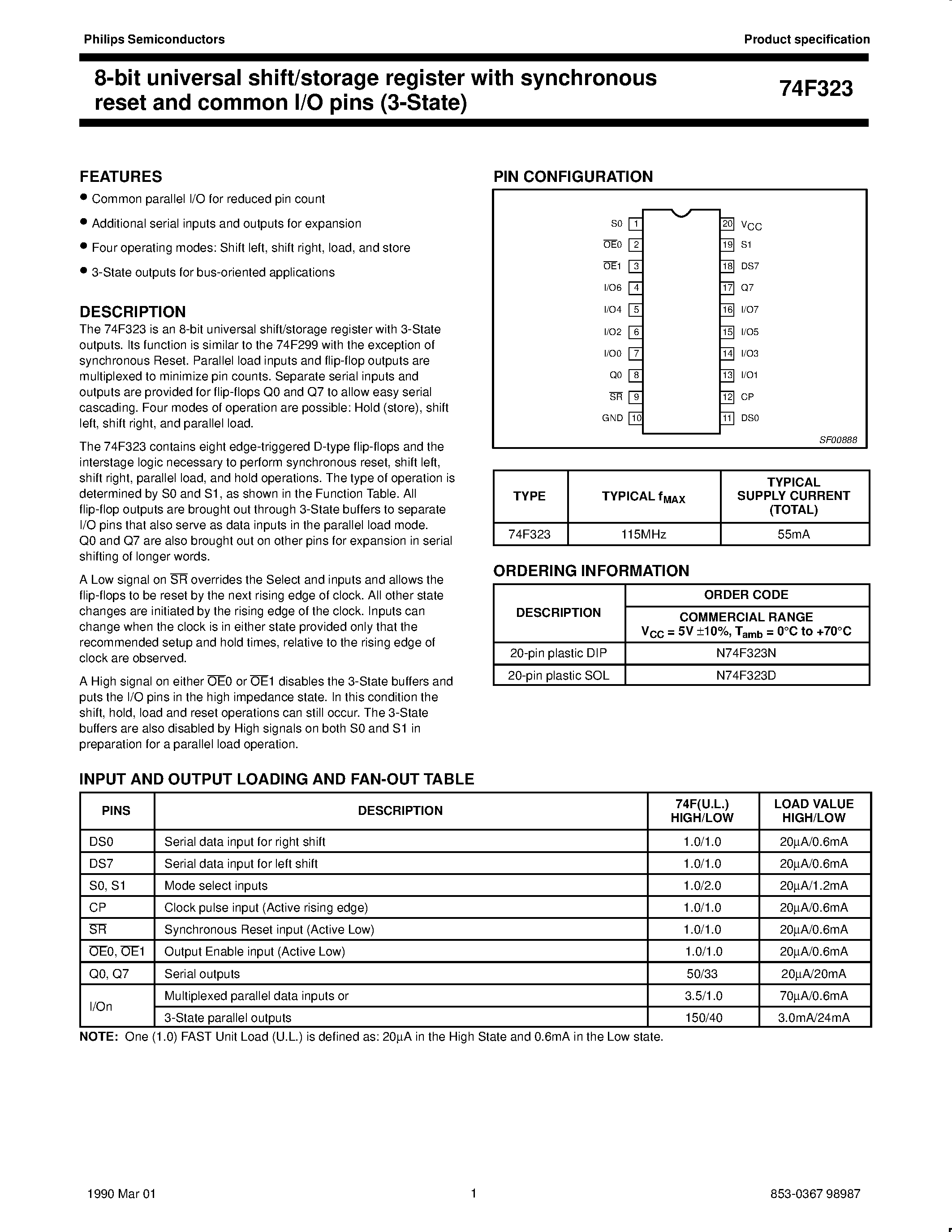 Даташит N74F323D - 8-bit universal shift/storage register with synchronous reset and common I/O pins 3-State страница 1