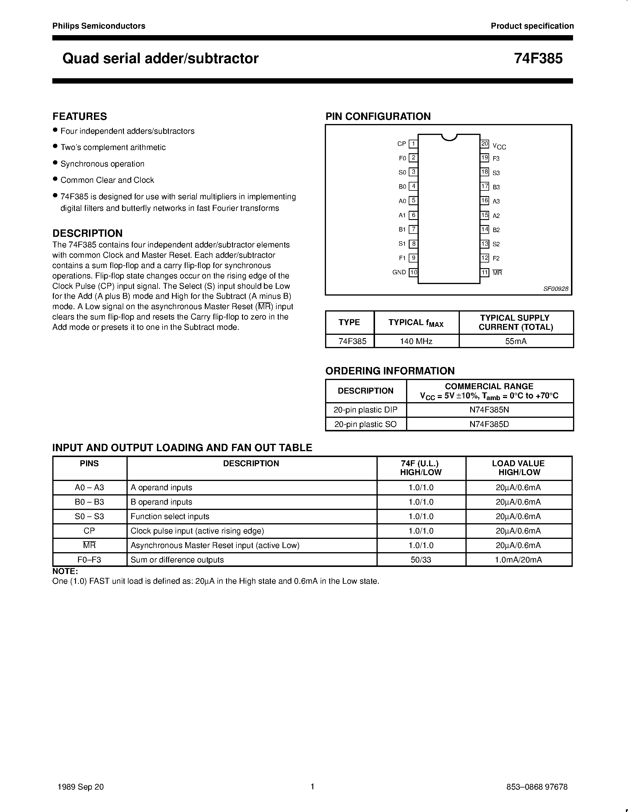 Datasheet N74F385N - Quad serial adder/subtractor page 1