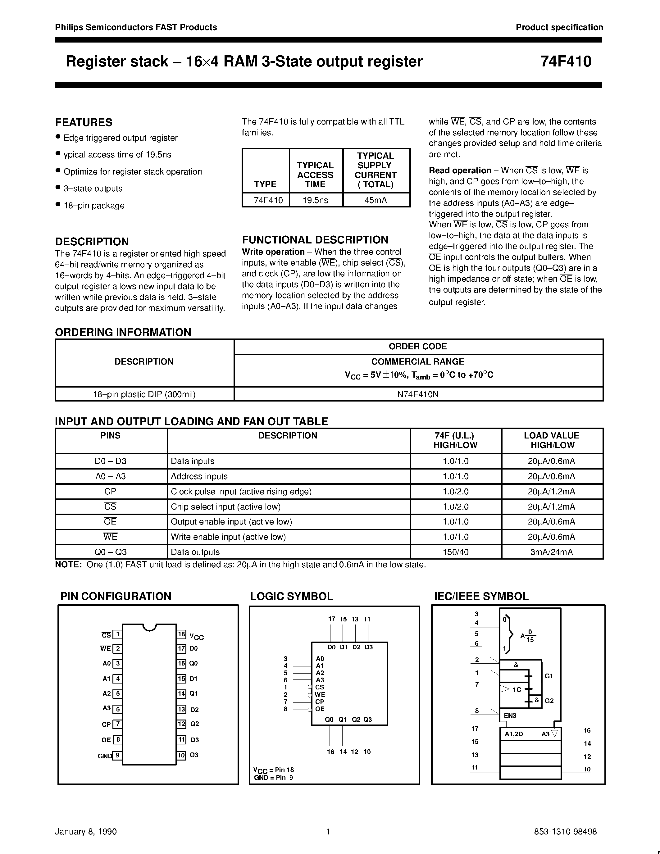 Datasheet N74F410N page 1 Datasheet N74F410N - Register stack . 164 RAM 3-State output register page 1